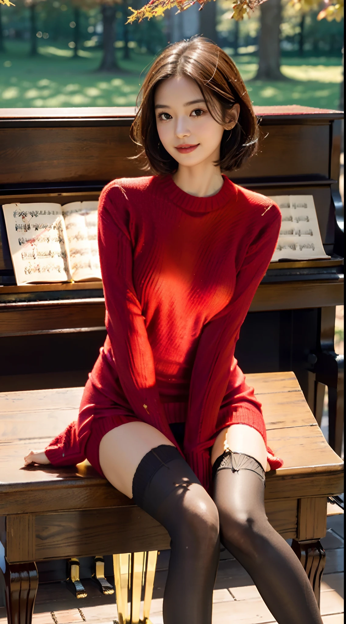 (shoulder-length straight short black hair:0.9),Upper body, （Extremely meticulous CG 8k wallpaper），（Extremely refined and beautiful），（Masterpiece），（best qualtiy:1.0），（Ultra High Resolution:1.0），beautiful light up，Perfect lightning，realistic shaded，[A high resolution],(Smooth and flawless fair skin:1.5),(shiny skin:1.5),Extremely exquisite facial details，ultra - detailed，A  girl，small head，Smile，cheerfulness, late autumn,afternoon，Close Shot,(in park:1.5), clear sky, blue sky,trees with red leaves,red leaves flying in the air,Many yellow leaves on the ground,Yellow Grassland,Bright sunlight,Sitting upright on a stool next to a piano，(Playing piano with both hands:1.3)，enjoying a comfortable and intoxicated expression,small face,hair flying,(perfect body:1.1）,small breasts，flat chest，slim，thin，(red sweater Dress:1.5),(stockings:1.3),Slender legs,upper body