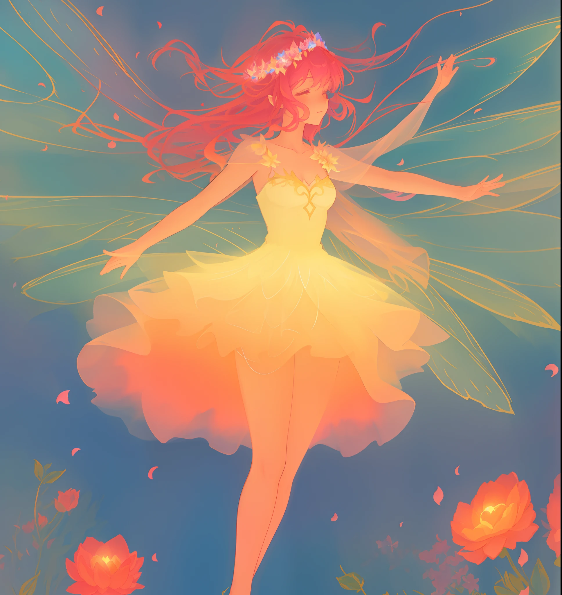 beautiful fairy girl in tiered layered dress, fairy dress made of flower petals, gradient layered tutu skirt, magical flowers, fairy queen, magical forest background, (glowing fairy wings), long wavy hair, sparkling fairy wings, watercolor illustration, flowers and colorful plants, inspired by Glen Keane, inspired by Lois van Baarle, disney art style, by Lois van Baarle, glowing aura around her, by Glen Keane, jen bartel, glowing lights! digital painting, flowing glowing hair, glowing flowing hair, beautiful digital illustration, fantasia otherworldly landscape plants flowers, beautiful, masterpiece, best quality, anime disney style
