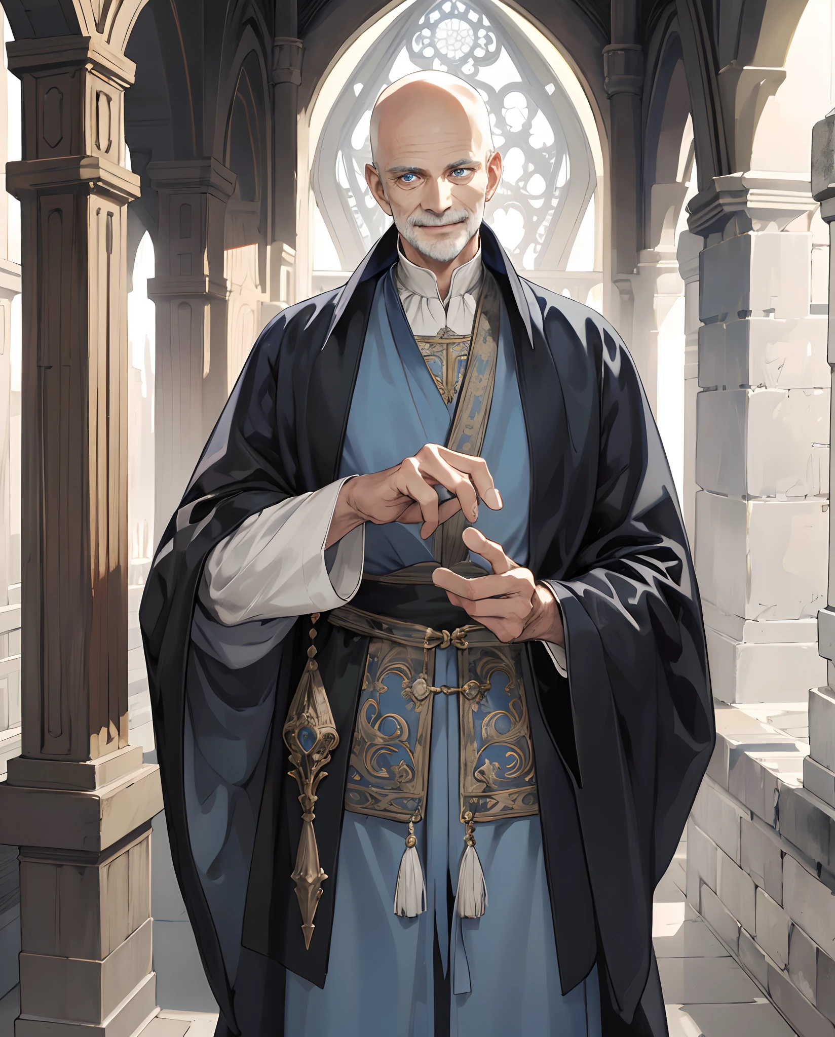 (absurd, highres, ultra detailed), 1man, old man, intricate details, enlarged textures, intricate details, finely detailed eyes and detailed face, intricate details, gray hair, (closed mouth), perfect eyes, matching eyes, short hair, slightly bald, blue eyes, medieval Fantasy style clothing, fantasy style, medieval town, daylight, tanned skin, old man, full body, thin, fragile, wrinkles, light blue clothes, cassock, smile, smiling, happy eyes, old age, white skin, 65 years old, not much hair, no beard, extremely old