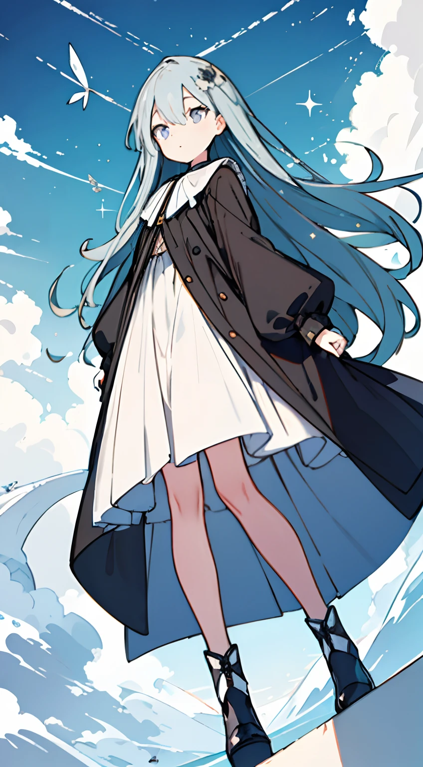 masuter piece, Best Quality,32K、Wallpaper, ultra -detail, Absurd beauty, 1Beautifulwoman、Big eyes with sparkly、Hair fluttering in the wind、:o、slender long legs、Smaller head、miscievous smile、Angle looking up from below:1.3、Angle from which you can see the whole body