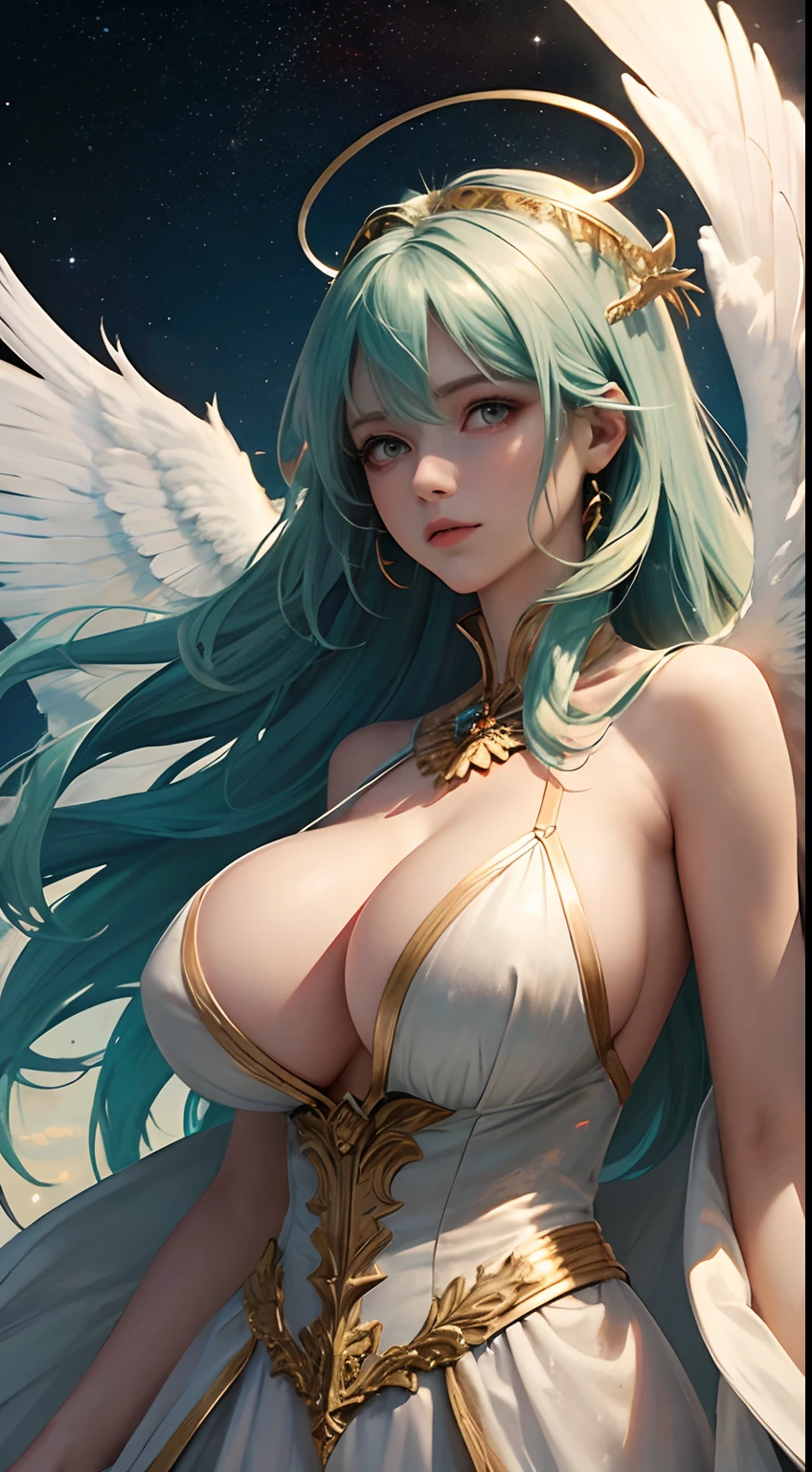 ((Masterpiece, Best quality)),A woman, blue green hair, red color eyes, Angel wings, Golden halo, White dress, Standing upright, In outer space, galaxy in background, stars in the distance, Upper body,(huge tit,gigantic cleavage breasts)