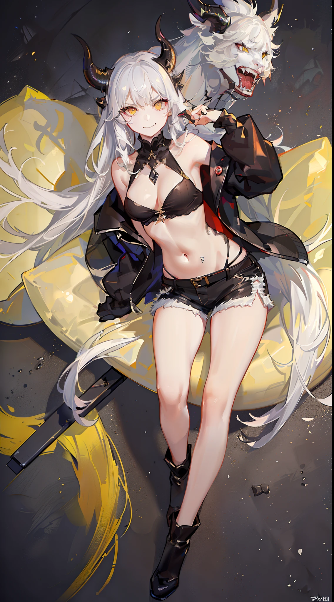 young girl, Long white hair, dragon horns, Yellow eyes, black skin, Black Girl, white tanktop, open belly, Shorts, tattoo, smirk, milkshake, park background, Masterpiece, hiquality, 4k, HD, Good detail
