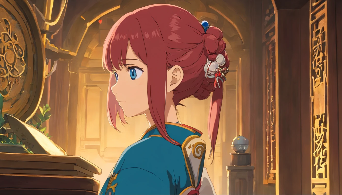 Official Art, Unity 8k wallpaper, super detailed, beautiful, beautiful, masterpiece, best quality, dark, atmospheric, mystical, romantic, creepy, literature, art, fashion, ming and qing dynasties, decoration, intricate, ironwork, embroidery, contemplation, emotional depth, supernatural, hanfu, 1 girl, red hair, bright blue eyes, solo, neck, bust composition