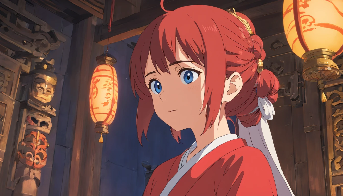 Official Art, Unity 8k wallpaper, super detailed, beautiful, beautiful, masterpiece, best quality, dark, atmospheric, mystical, romantic, creepy, literature, art, fashion, ming and qing dynasties, decoration, intricate, ironwork, embroidery, contemplation, emotional depth, supernatural, hanfu, 1 girl, red hair, bright blue eyes, solo, neck, bust composition