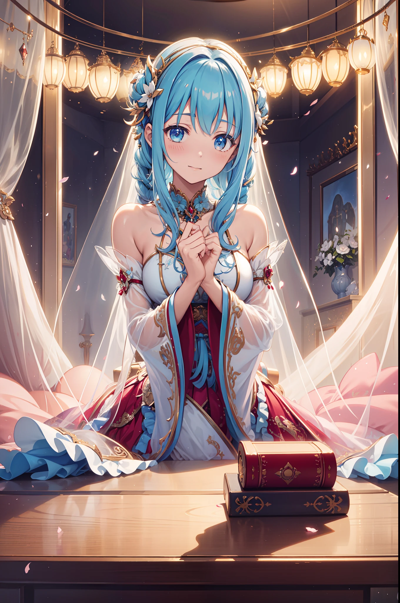 solo person，the night，inside in room，shyexpression，saintess，See-through Pajamas，see-through sleeves，Enchanted，Petal edges，adolable，Light colors，gentleness，Divine decoration，Sacred motifs，extremely detailed CG  8k wallpaper，best qualtiy，tmasterpiece，A high resolution，Delicate and beautiful face，having fun