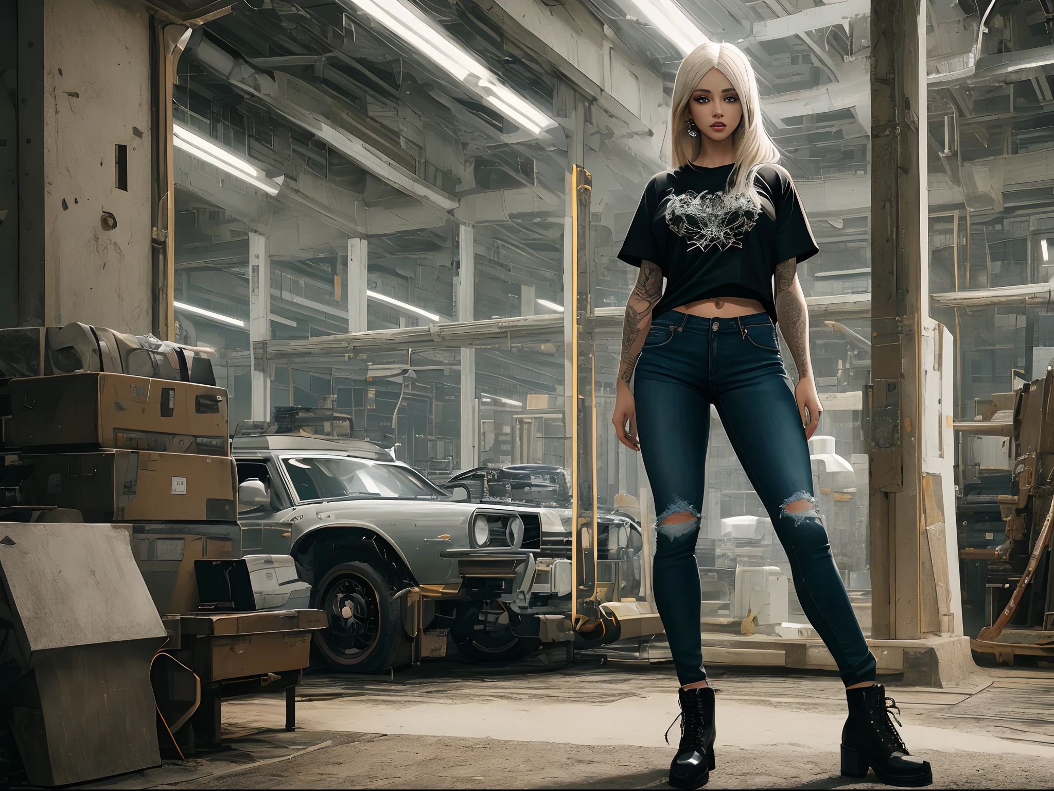 Girl, platinum blond hair, fair skin, green eyes, full body, intricate, hyper detailed, highly detailed, 4k, long lashes, black T-shirt, black jeans, abs, broad shoulders, tattoos, sharp jaw