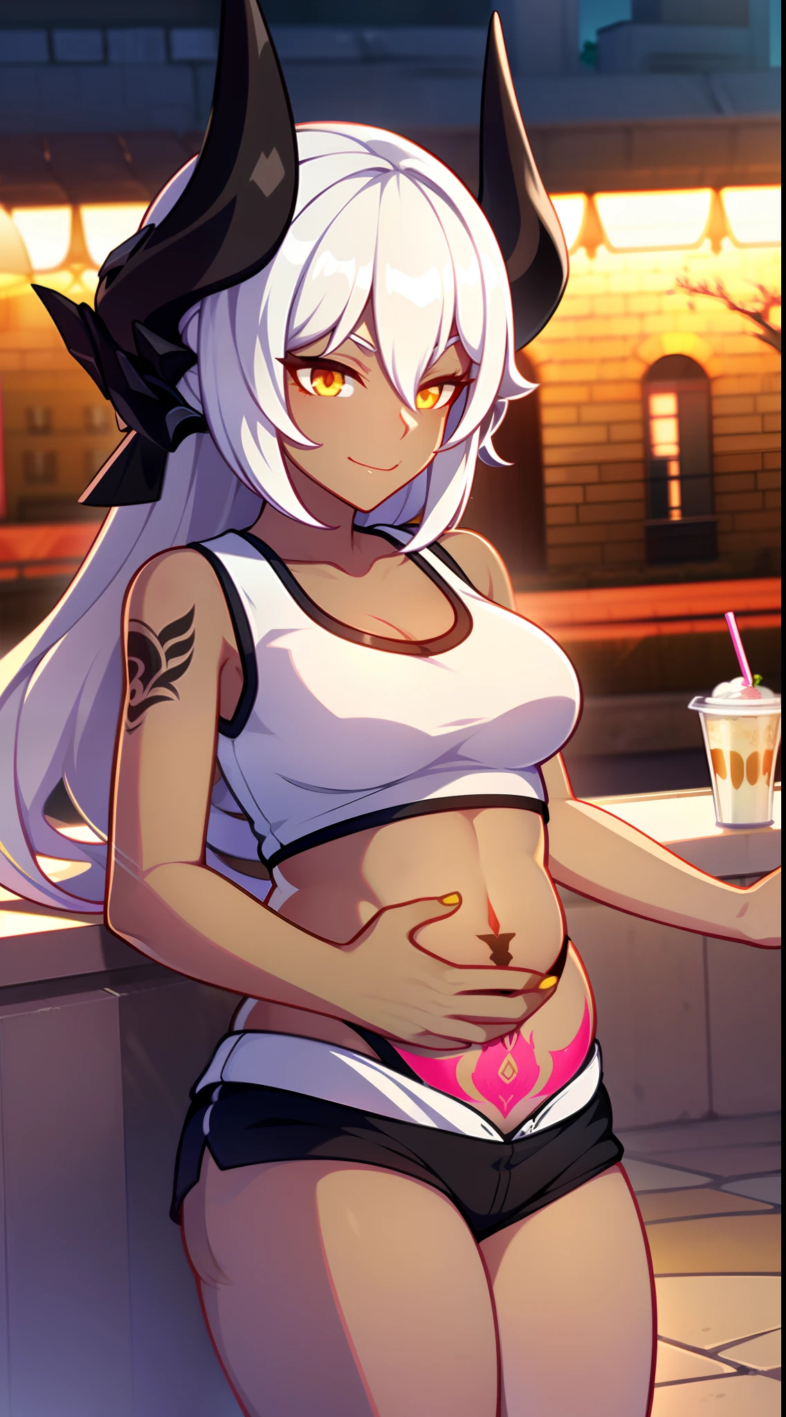 young girl, Long white hair, dragon horns, Yellow eyes, black skin, Black Girl, white tanktop, open belly, Shorts, tattoo, smirk, milkshake, park background, Masterpiece, hiquality, 4k, HD, Good detail
