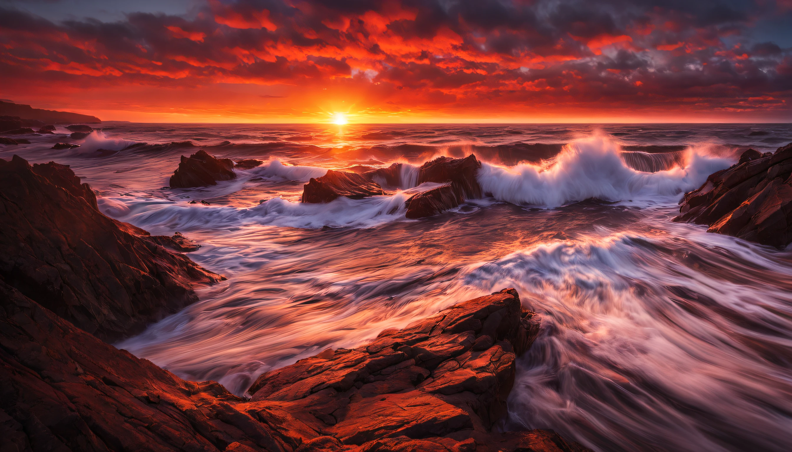 arafed view of a sunset over the ocean with waves crashing, chaotic sea setting, marc adamus, breathtaking look, epic sunset, dramatic reddish light, epic sunrise, vibrant sunrise, sunset glow, soft glow, vibrant sunset, breathtaking composition, jaw dropping beauty, by Alexander Robertson, red horizon, dramatic sunrise, breathtaking colors, dramatic sunset, seascape, red sunset