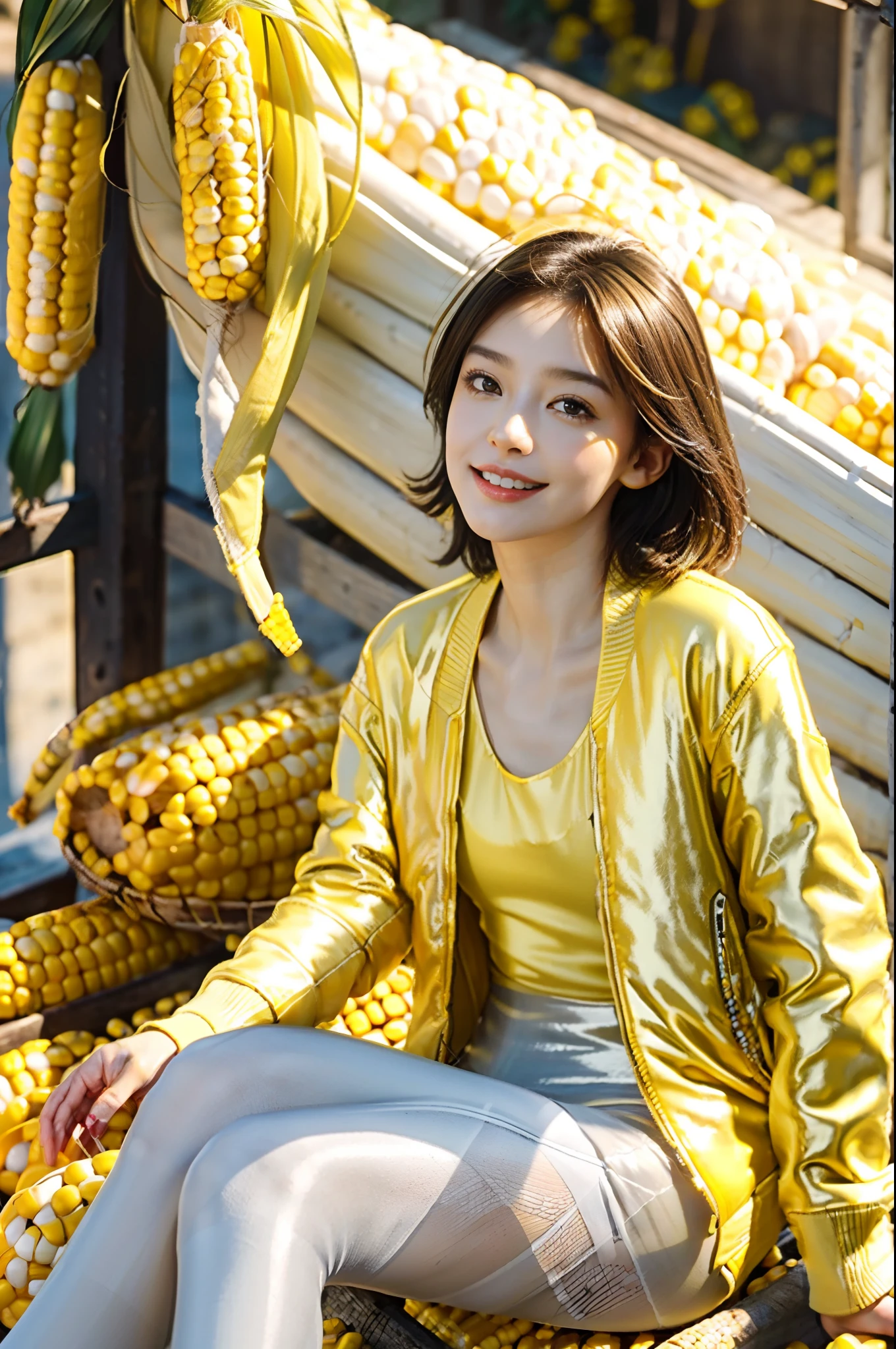 (shoulder-length straight short black hair:0.9),Upper body, （Extremely meticulous CG 8k wallpaper），（Extremely refined and beautiful），（Masterpiece），（best qualtiy:1.0），（Ultra High Resolution:1.0），beautiful light up，Perfect lightning，realistic shaded，[A high resolution],(Smooth and flawless fair skin:1.5),(shiny skin:1.5),Extremely exquisite facial details，ultra - detailed，A  girl，small head,smile,happy,late autumn,afternoon，Close Shot,(In farmyard:1.5),farmhouse,clear sky, blue sky,trees with yellow leaves,yellow leaves flying in the air,Many yellow leaves on the ground,Bright sunlight,(Sitting in a mountain of corn cobs:1.5),enjoying a comfortable and intoxicated expression,small face,hair flying,(perfect body:1.1）,small breasts，flat chest，slim，thin，(yellow jacket:1.5),(white pantyhose:1.3),Slender legs