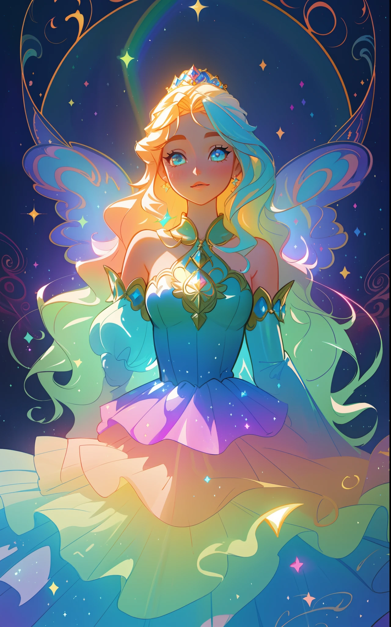 beautiful girl, puffy tiered rainbow ballgown, princess, intricate dress design, (colorful), long wavy hair, magical lights, sparkling magical liquid, inspired by Glen Keane, inspired by Lois van Baarle, disney art style, by Lois van Baarle, glowing aura around her, by Glen Keane, jen bartel, glowing lights! digital painting, flowing glowing hair, glowing flowing hair, beautiful digital illustration, fantasia background, whimsical, magical, fantasy, ((masterpiece, best quality)), intricate details, highly detailed, sharp focus, 8k resolution, sparkling detailed eyes, liquid watercolor