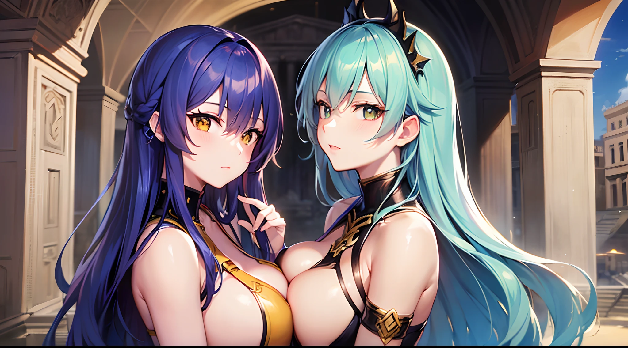 ((Finest quality)),(超A high resolution),(ultra-detailliert),((Best Anime)),sharpnes,Clair,Art with astounding depictions, (Two female gladiators standing side by side), (Blue hair,Yellow eyes,huge tit):1.3, (orange color hair,Red pupils and small breasts):1.3, colosseum