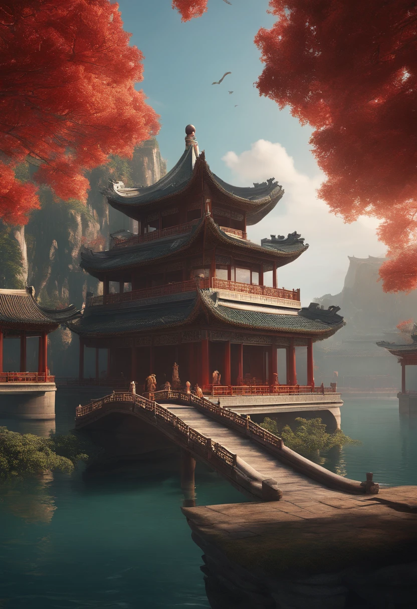 arafed view of a chinese temple on a small island in the middle of the ocean, a digital rendering by Yang J, cgsociety contest winner, conceptual art, cyberpunk chinese ancient castle, beautiful render of tang dynasty, ancient chinese architecture, floating palace, chinese palace, chinese architecture, chinese building, water temple, with ancient chinese aesthetic, chinese style