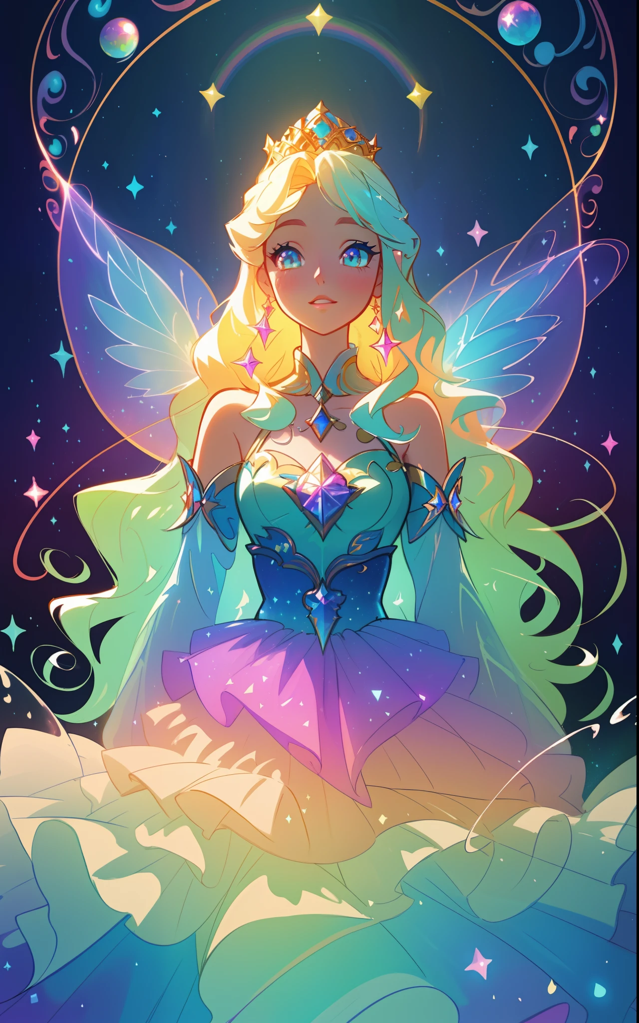 beautiful girl, puffy tiered rainbow ballgown, princess, intricate dress design, (colorful), long wavy hair, magical lights, sparkling magical liquid, inspired by Glen Keane, inspired by Lois van Baarle, disney art style, by Lois van Baarle, glowing aura around her, by Glen Keane, jen bartel, glowing lights! digital painting, flowing glowing hair, glowing flowing hair, beautiful digital illustration, fantasia background, whimsical, magical, fantasy, ((masterpiece, best quality)), intricate details, highly detailed, sharp focus, 8k resolution, sparkling detailed eyes, liquid watercolor