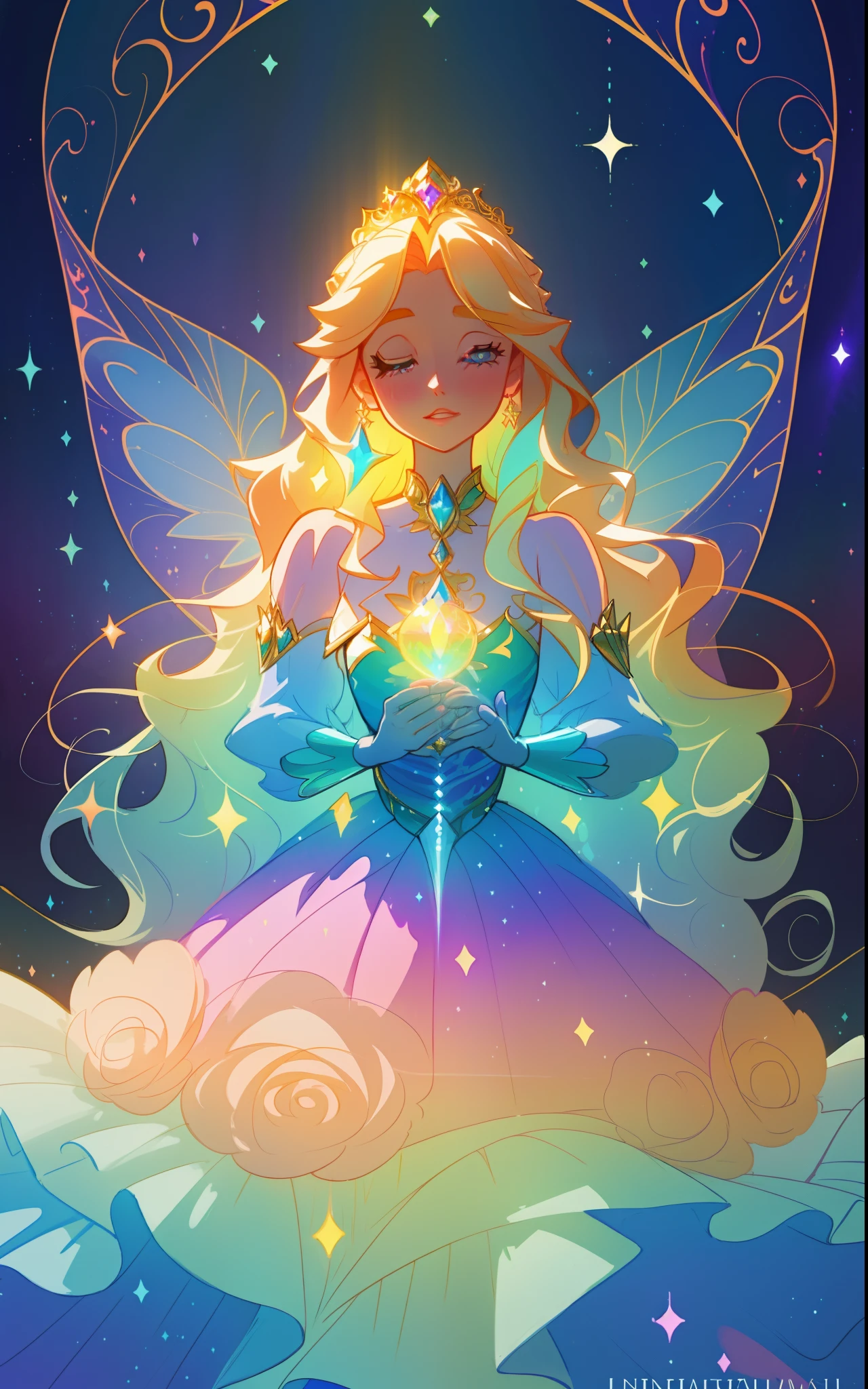 beautiful girl, puffy tiered rainbow ballgown, princess, intricate dress design, (colorful), long wavy hair, magical lights, sparkling magical liquid, inspired by Glen Keane, inspired by Lois van Baarle, disney art style, by Lois van Baarle, glowing aura around her, by Glen Keane, jen bartel, glowing lights! digital painting, flowing glowing hair, glowing flowing hair, beautiful digital illustration, fantasia background, whimsical, magical, fantasy, ((masterpiece, best quality)), intricate details, highly detailed, sharp focus, 8k resolution, sparkling detailed eyes, liquid watercolor