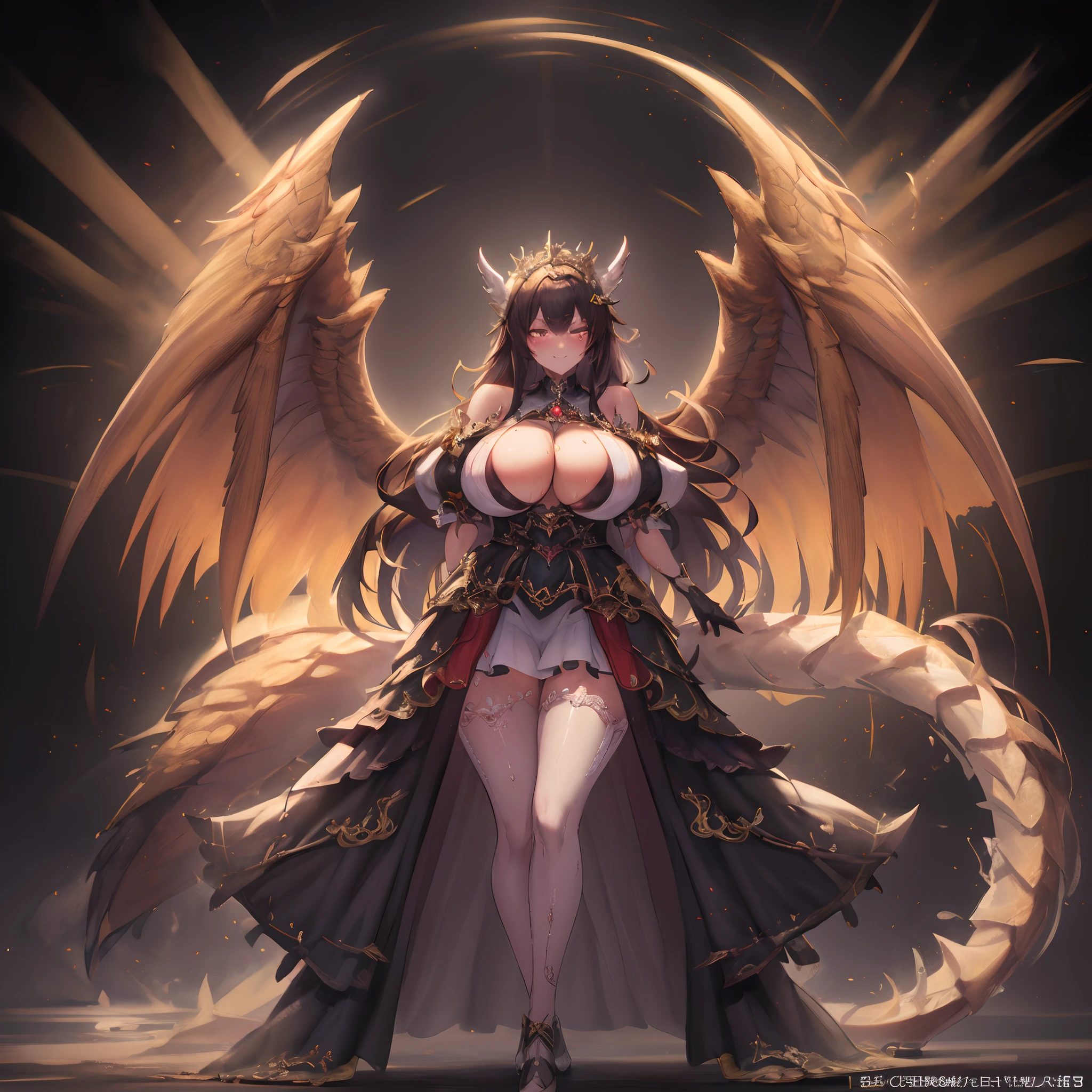 ((Anime Art Style)),(masutepiece),(Best Quality), (Super Detail),((Very delicate and beautiful)),Focus on character,Dynamic Angle,Looking at Viewer,((Solo)),Standing,(((Full body))),((one evil and cute princess in gorgeous ball gown with voluminous skirt)),Detailed face and eyes,(nefarious smirk),Eyes Like Gems,((Very Long voluminous Hair)),gorgeous embroidery and lace,See-through,ornate ruffles,Gorgeous jewelry ornaments,luxury hair ornament,luxury and evil tiara with jewels,(huge-breasted,Long breasts),Full body,((evil and dark atmosphere)),Full body,(((gorgeous ballgown with voluminous skirt)))(​masterpiece、top-quality、top-quality、Official art、Beautifully Aesthetic:1.2)、(One girl:1.3)、A highly detailed、(Fractal Art:1.1)、(colourfull:1.1)(florals:1.3)、The most detailed、(Zentangle:1.2)、(Dynamic Poses)、(Abstract background:1.3)、(shinny skin)、(Many colors:1.4)、、(耳环:1.4)、(pluma:1.4)1((Young aristocratic maid woman)((Black ruffled maid outfit with luxurious embroidery))((Heavy drool))((Very angry look))((red blush))((Painful and troubled face))((The face of suffering and perseverance))((Heavy sweat on the face,)((Heavy sweat spreading all over the body)))Girl with a troubled face、nightcity、Sateen、Kimono without sleeves、A dark-haired、Holding a weapon with blood on it、Looking at the camera、Cherry blossoms are dancing，Unusually resistant、red blush、shrine maiden、valkyrie、Angel wings、a navel、sideboob barbosa、with an intricate、Particles of light、thighs thighs thighs thighs、shinny skin、Perfect litthing、1girl in、looking at the viewers、Winged headgear、pelvis curtain、A smile、(​masterpiece)、(top-quality)、tiny chest、Porcelain Skin、Very long hair、hair wavy、Royal sister，femele，A queen，putting on a crown，There are a lot of golden lightning around，sitting in a throne，Bangs cover the eyes，Black Suspender Socks，Black Lace Top，，High jump，Grab Erlang's leg，，Black Silk Top，domineering，smil，The corners of the mouth are raised，Red and gold eyes，Black silk erotic underwear，Black top，Black Silk