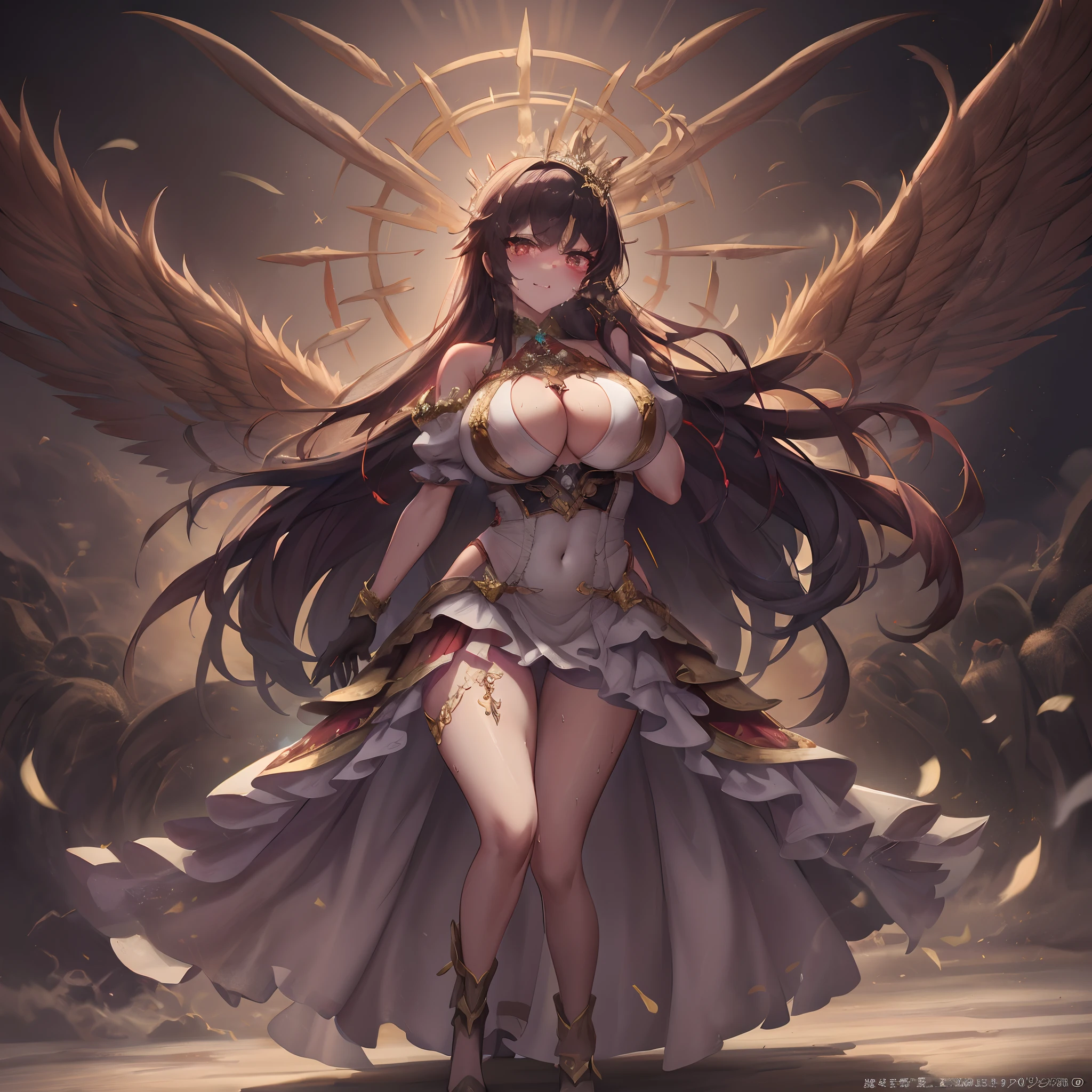 ((Anime Art Style)),(masutepiece),(Best Quality), (Super Detail),((Very delicate and beautiful)),Focus on character,Dynamic Angle,Looking at Viewer,((Solo)),Standing,(((Full body))),((one evil and cute princess in gorgeous ball gown with voluminous skirt)),Detailed face and eyes,(nefarious smirk),Eyes Like Gems,((Very Long voluminous Hair)),gorgeous embroidery and lace,See-through,ornate ruffles,Gorgeous jewelry ornaments,luxury hair ornament,luxury and evil tiara with jewels,(huge-breasted,Long breasts),Full body,((evil and dark atmosphere)),Full body,(((gorgeous ballgown with voluminous skirt)))(​masterpiece、top-quality、top-quality、Official art、Beautifully Aesthetic:1.2)、(One girl:1.3)、A highly detailed、(Fractal Art:1.1)、(colourfull:1.1)(florals:1.3)、The most detailed、(Zentangle:1.2)、(Dynamic Poses)、(Abstract background:1.3)、(shinny skin)、(Many colors:1.4)、、(耳环:1.4)、(pluma:1.4)ung aristocratic maid woman)((Black ruffled maid outfit with luxurious embroidery))((Heavy drool))((Very angry look))((red blush))((Painful and troubled face))((The face of suffering and perseverance))((Heavy sweat on the face,)((Heavy sweat spreading all over the body)))Girl with a troubled face、nightcity、Sateen、Kimono without sleeves、A dark-haired、Holding a weapon with blood on it、Looking at the camera、Cherry blossoms are dancing，Unusually resistant、red blush、shrine maiden、valkyrie、Angel wings、a navel、sideboob barbosa、with an intricate、Particles of light、thighs thighs thighs thighs、shinny skin、Perfect litthing、1girl in、looking at the viewers、Winged headgear、pelvis curtain、A smile、(​masterpiece)、(top-quality)、tiny chest、Porcelain Skin、Very long hair、hair wavy、Royal sister，femele，A queen，putting on a crown，There are a lot of golden lightning around，sitting in a throne，Bangs cover the eyes，Black Suspender Socks，Black Lace Top，，High jump，Grab Erlang's leg，，Black Silk Top，domineering，smil，The corners of the mouth are raised，Red and gold eyes，Black silk erotic underwear，Black top，Black Silk