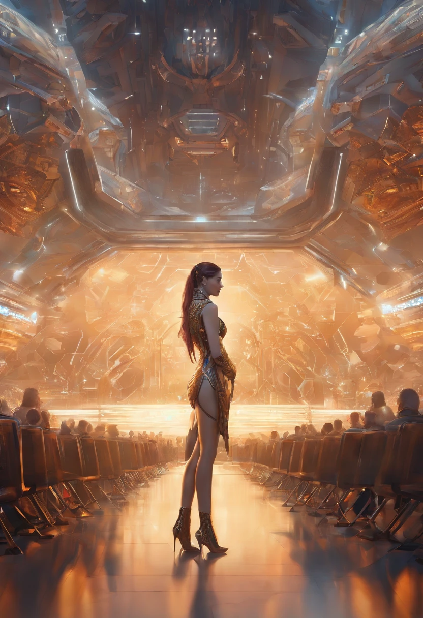 3D rendering of futuristic sci-fi fashion show scene, (Future female model standing in front of the audience:1.37),(Behind her stood Optimus Prime, inspired by the movie《Transformers 3》，droid, Complex details, and extra-long lenses,
Background: fashion show runway, future techwear, micro Chip, Computer, Light, Vast space,,Clear facial features,Game scene graph,a beautiful painting by wlop,comic strip,Intense atmosphere, sober, author：Andrey Remnev,impossible,Fantasy map,Ice Age, Futuristic, Sci-fi, Image from Bradford Young,Enigmatic Atmosphere,Telephoto lens,full bodyesbian,ultra very long shot,Mood lighting, --AR 9:16 --V 5.2--On the lights--Stop 303D rendering of futuristic sci-fi fashion show scene, Future female model standing in front of the audience. Behind her is an oversized transformer, Large mechanical robot, Complex details, and extra-long lenses,
Background: fashion show runway, future techwear, micro Chip, Computer, Light, Vast space,,Clear facial features,Game scene graph,a beautiful painting by wlop,comic strip,Intense atmosphere, sober, author：Andrey Remnev,impossible,Fantasy map,Ice Age, Futuristic, Sci-fi, Image from Bradford Young,Enigmatic Atmosphere,Telephoto lens,full bodyesbian,ultra very long shot,Mood lighting, --AR 9:16 --V 5.2 -- on the lamp -- stop 30