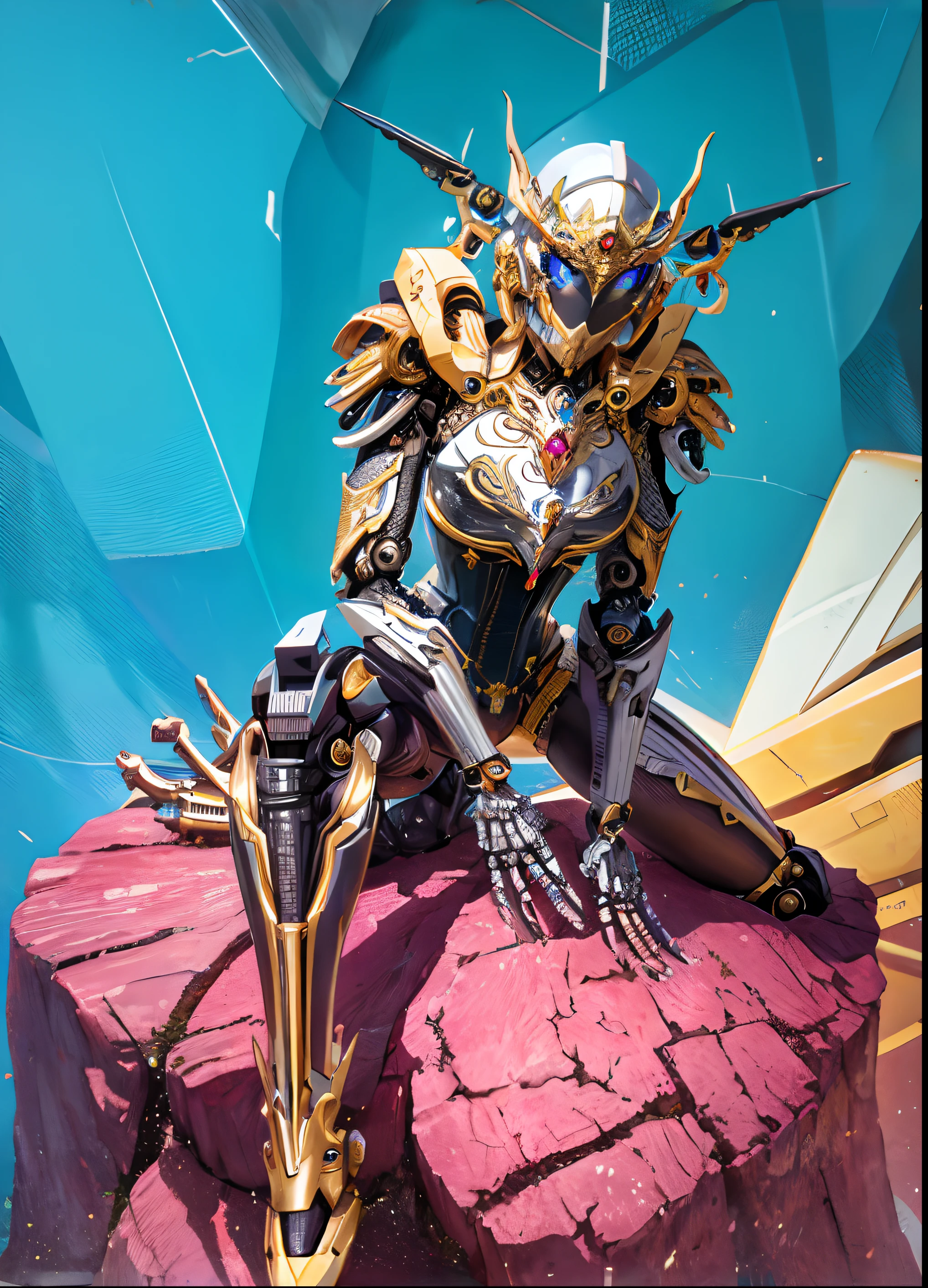 Alafi sits on the rock，He was holding a sword and armor, 《overwatch》Queen Junkers in , girl in mecha cyber armor, of a beautiful female warframe, zenyatta from overwatch, portrait of a cyborg queen, the golden cat armor knight, Mechanized Valkyrie girl, of a beautiful saryn warframe, cyberpunk robotic elvish queen, Gorgeous Role Play