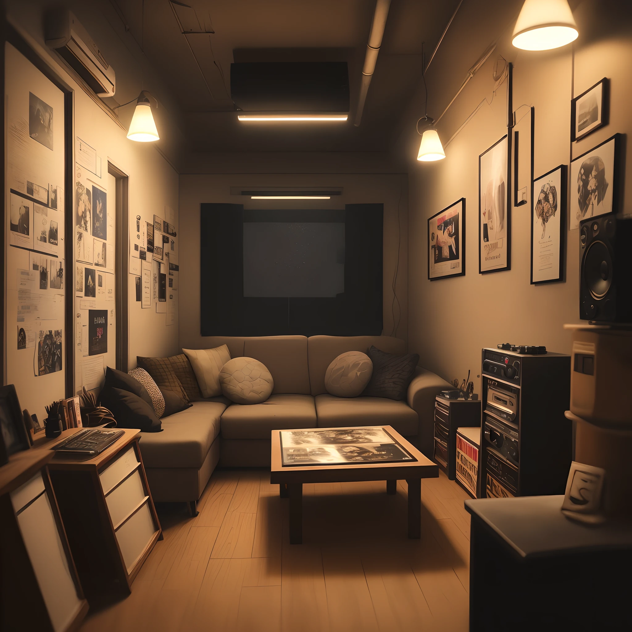 Descreva a imagem de um quarto de programador underground, With a night landscape seen through the window. The scene shows several buildings illuminated by street lamps, evoking a pulsating and vibrant futuristic atmosphere. The corner of the room is occupied by a home studio equipped with a nuphy air 75 v2 keyboard, controles, fones de ouvido e microfone. The mixing board and computer exhibit signs of wear and possible stickers from famous hackers. The subtle haze of smoke fills the atmosphere. Perto da janela, An unmade bed suggests a nocturnal and creative lifestyle. The bookcase on the wall is filled with vinyl records, CDs e livros relacionados ao hip-hop, enquanto os cartazes de artistas underground e panfletos de concertos locais adornam as paredes. Ao lado da cama, uma mesinha de cabeceira exibe itens pessoais, as a cap, sunglasses, um livro de rimas e um bloco de notas. The open window reveals the darkness of the night, with the soft light of the street lamps illuminating the room. The digital clock on the bedside table clearly displays the time as 3:00 a.m., highlighting the passage of time and the insomnia characteristic of artistic minds. The image captures the energy and underground aesthetic of the rap music scene, trap e hip-hop, with dark tones and elements related to urban culture conveying authenticity and creative inspiration. A cena incorpora elementos positivos e negativos, portraying the ambience of solitude and creativity, reflecting the artist's struggle and dedication to his craft.