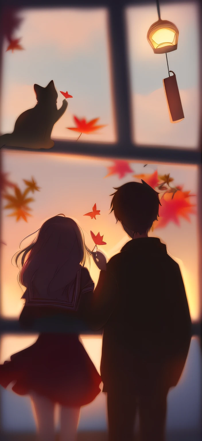 Two people and a cat in the shadow of the window, 🍁 Cute, Boy and girl, Anime Pictures, emotional picture, beautiful anime scenes, Guviz-style artwork, Guviz, animeaesthetic, anime backgrounds, anime big breast. Soft lighting, Beautiful anime, centimeters away from my face, blurry and dreamy illustration