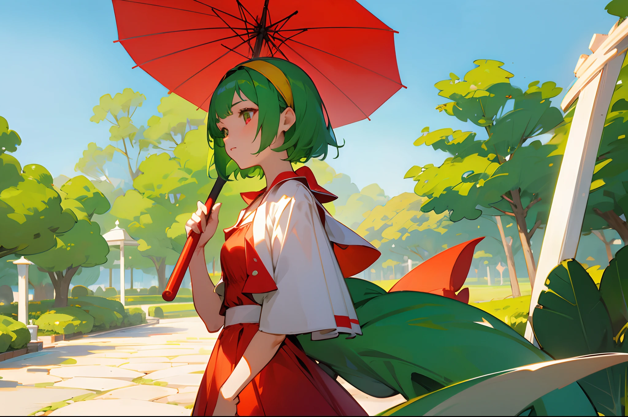bright green hair,short detailed hair,teens girl,red color eyes,Yellow headband,Red and white dress,trpical garden,blue open sky,Red umbrella