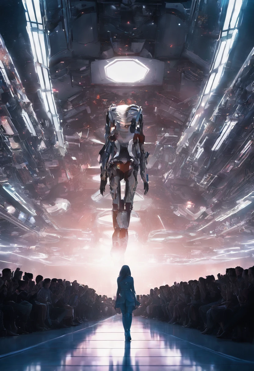 3D rendering of futuristic sci-fi fashion show scene, (Future female model standing in front of the audience:1.37),(Behind her stood Optimus Prime, inspired by the movie《Transformers 3》,droid, Complex details, and extra-long lenses,
Background: fashion show runway, future techwear, micro Chip, Computer, Light, Vast space,,Clear facial features,Game scene graph,a beautiful painting by wlop,comic strip,Intense atmosphere, sober, author:Andrey Remnev,impossible,Fantasy map,Ice Age, Futuristic, Sci-fi, Image via Bradford Young,Enigmatic Atmosphere,Telephoto lens,full bodyesbian,ultra very long shot,Mood lighting, --AR 9:16 --V 5.2 - On the lights - Stop the 303D rendering of the futuristic sci-fi fashion show scene, Future female model standing in front of the audience. Behind her is an oversized transformer, Large mechanical robot, Complex details, and extra-long lenses,
Background: fashion show runway, future techwear, micro Chip, Computer, Light, Vast space,,Clear facial features,Game scene graph,a beautiful painting by wlop,comic strip,Intense atmosphere, sober, author:Andrey Remnev,impossible,Fantasy map,Ice Age, Futuristic, Sci-fi, Image via Bradford Young,Enigmatic Atmosphere,Telephoto lens,full bodyesbian,ultra very long shot,Mood lighting, --AR 9:16 --V 5.2 -- on the lamp -- stop 30