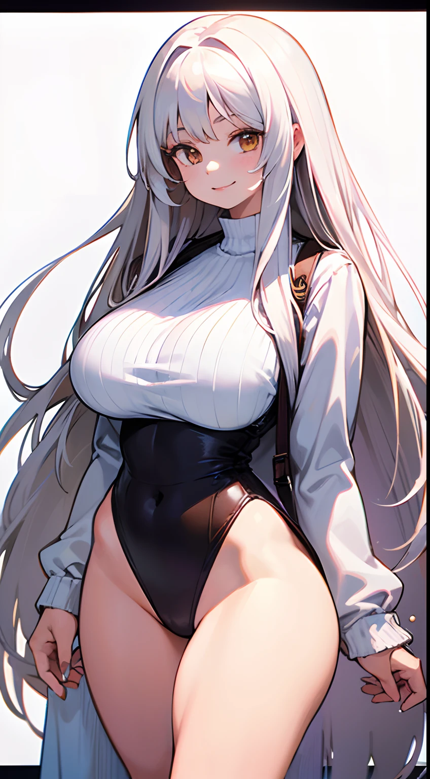 masterpiece, best quality, 1girl, adult body, large body, white hair, brown eyes, long hair, smile, mouth, lips, open, (old clothing), (80s), front view, standing, lighting, (white background), heart effect, shy, hands behind the back, big chest, thick legs, thick thighs