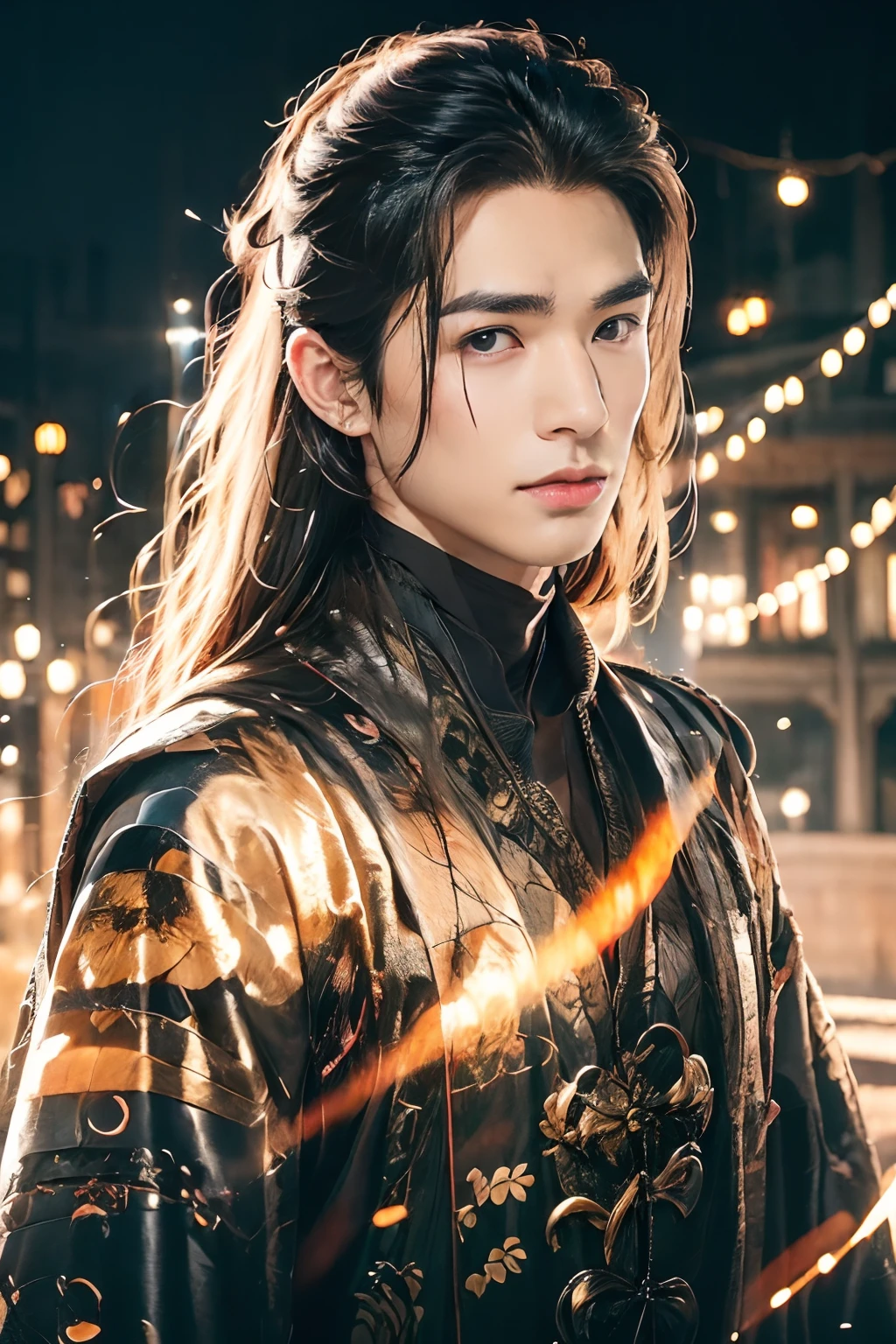 A 21-year-old Asian man，Thick eyebrows，Melon seed face，Handsome face，Men's full body ，A transparent streamer is tied to the body and flutters in the wind，The background is an ancient Chinese town，Time is night。Deep blue sky，A full moon，Lots of black lanterns，Pavilions and arch bridges，His skin is fair，He is slender,  The limbs have pronounced muscle lines，high-definition photography，Real-world scenarios，Lots of detail, wearing black long coat, black long pants, black turtleneck shirt, lightning, magic, messy long hair, battle pose, warrior, looking at viewer, devilish gaze at viewer