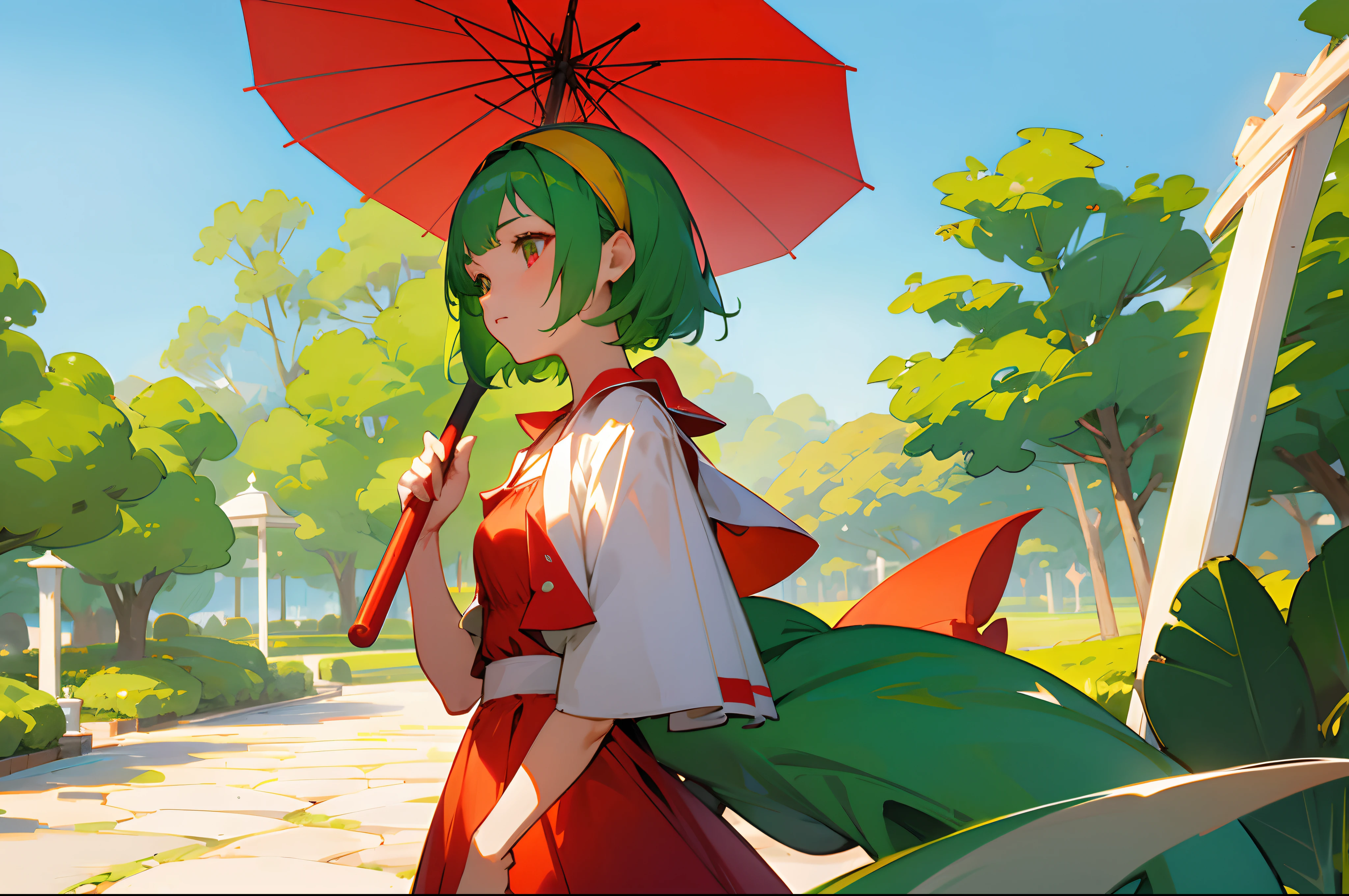 bright green hair,short detailed hair,teens girl,red color eyes,Yellow headband,Red and white dress,trpical garden,blue open sky,Red umbrella