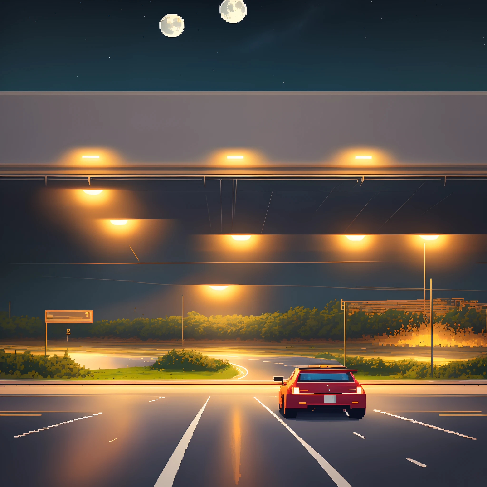 Make a pixel art of a car driving at night on the highway with the moon light above