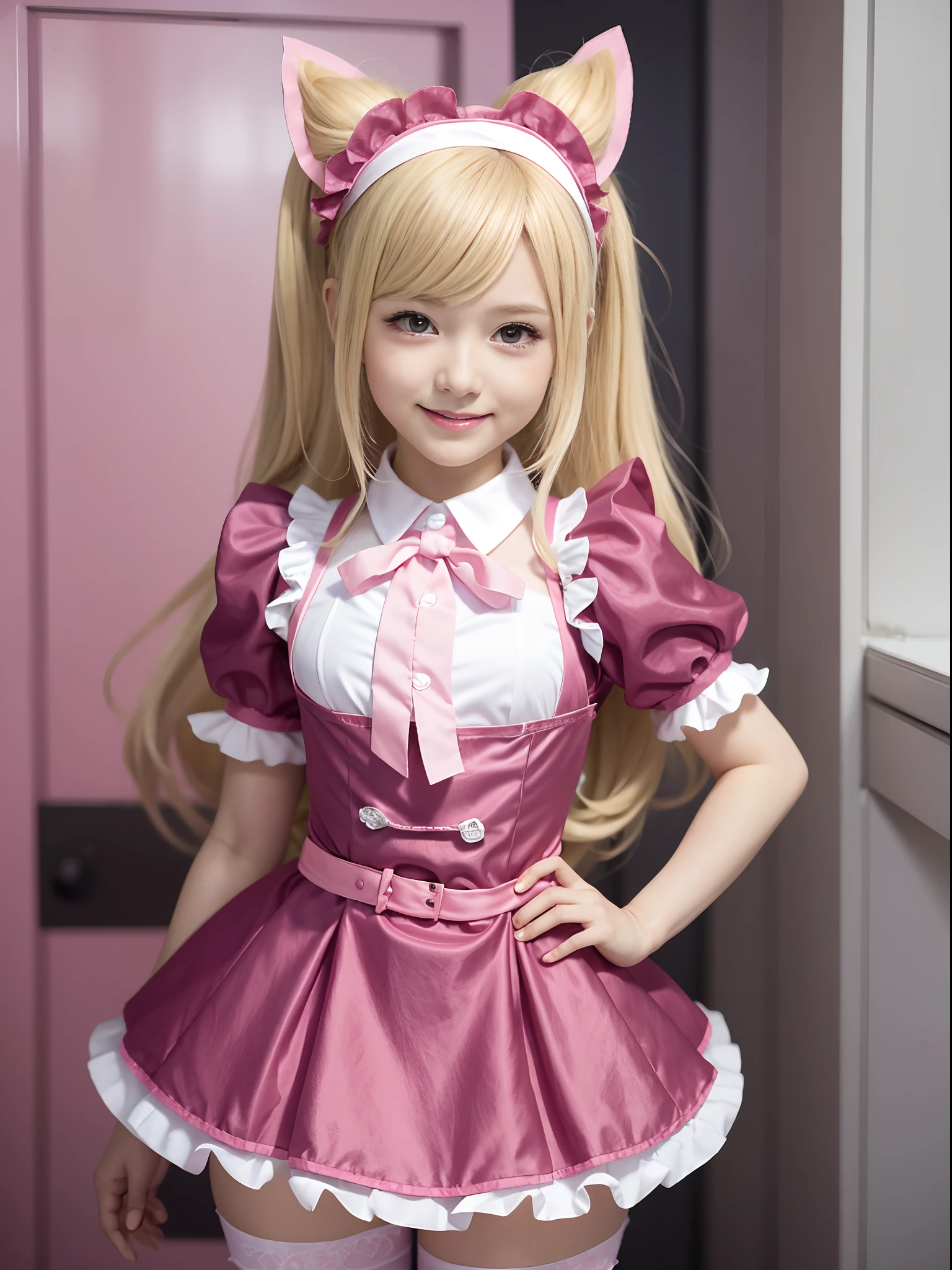 (Cartoon One Girl in Pink Maid Outfit 1.6), Little Curvaceous Loli, Shikamimi, Danganronpa, Anime Stylization, Anime Girl in Maid Costume, Stylized Anime, Blonde, Portrait, Cute Pose, Smiling