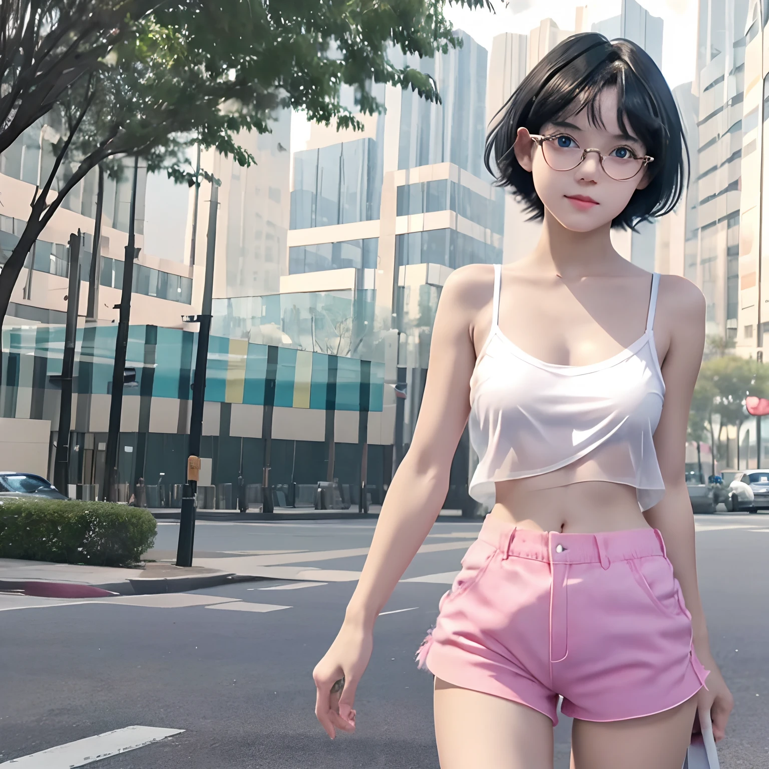 14 years old cute girl with black short anime hair and bangs, she is in eyeglasses, transparent camisole, no bra, technically naked, tits, tiny breast, pink shorts, petite body, seen through, her white skin bright, beautiful blue eyes, elegant, outdoor, 8k detailed high quality, nsfw, semi-realistic anime art, dynamic pose