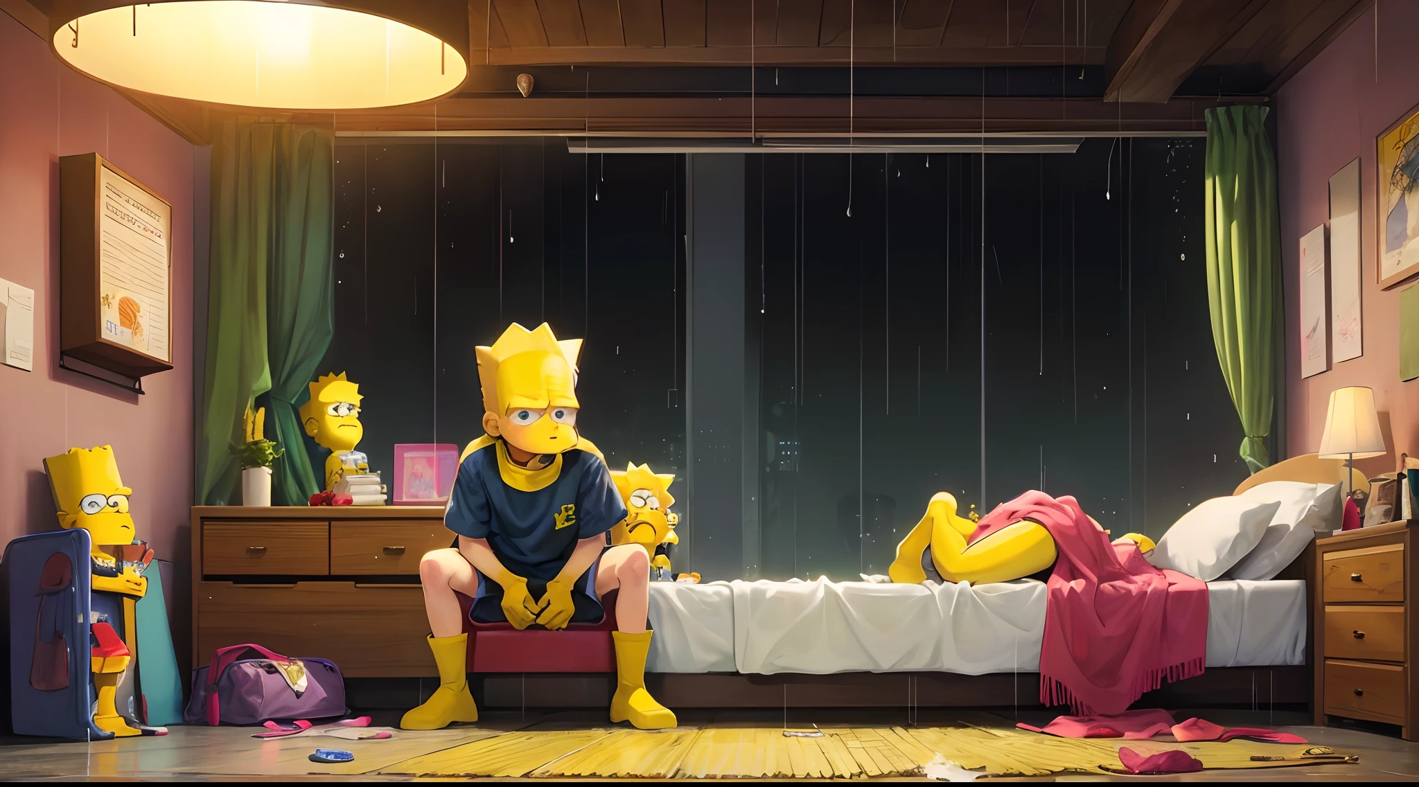 BART Simpson sitting down on his bed at night kind of raining with clothes on looking sad at the floor drinking lean