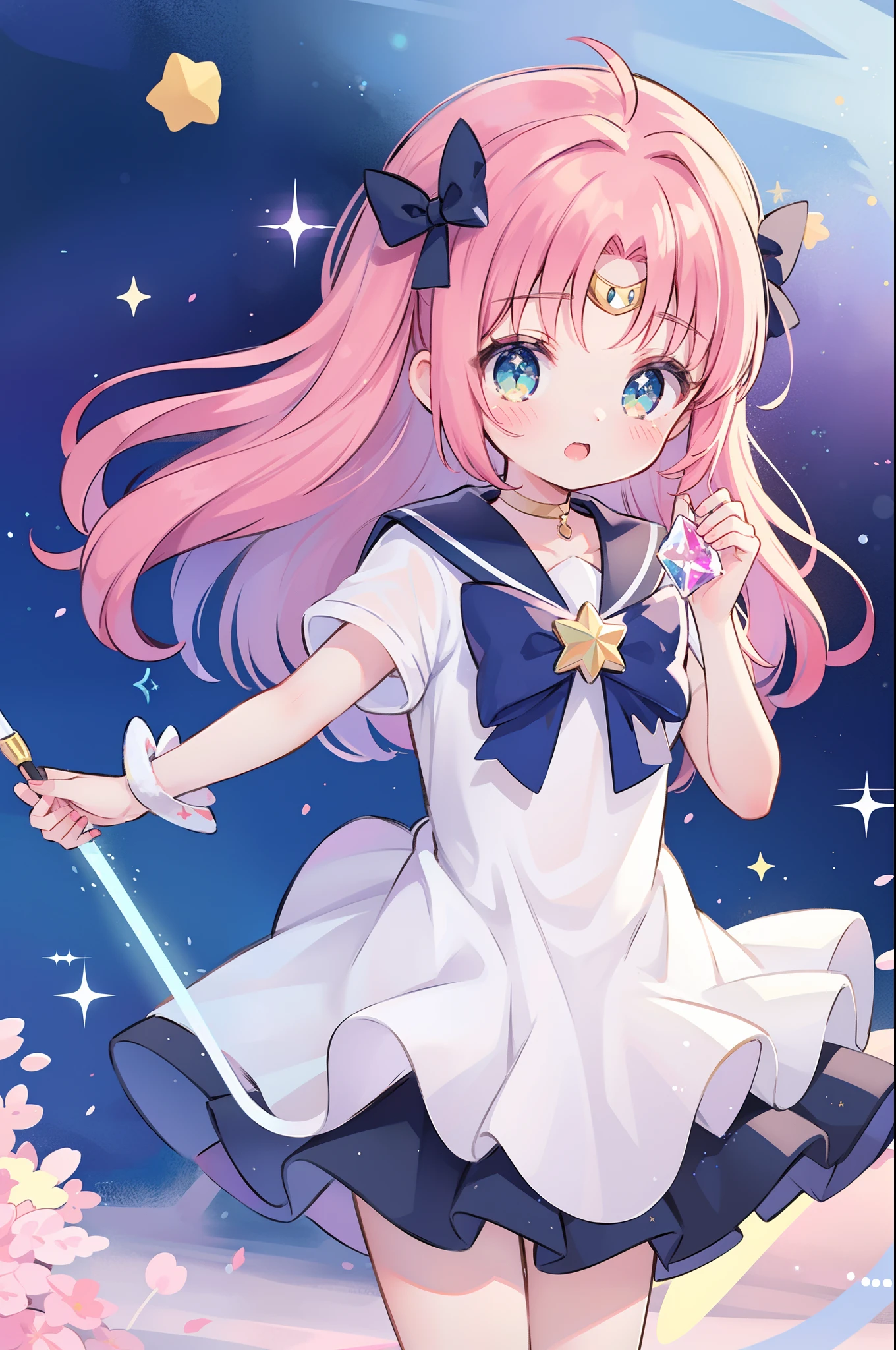 (Masterpiece:1.3), (best quality:1.2), (detailed background:1.1), (intricate details:1.1), (detailed background:1.2), 1girl, pink hair, blue eyes, medium breasts, magical girl, frills, short skirt, (micro panties:1.5), wide smile, one hand up, wand, (sparkles:1.1), (bright colors:1.1),