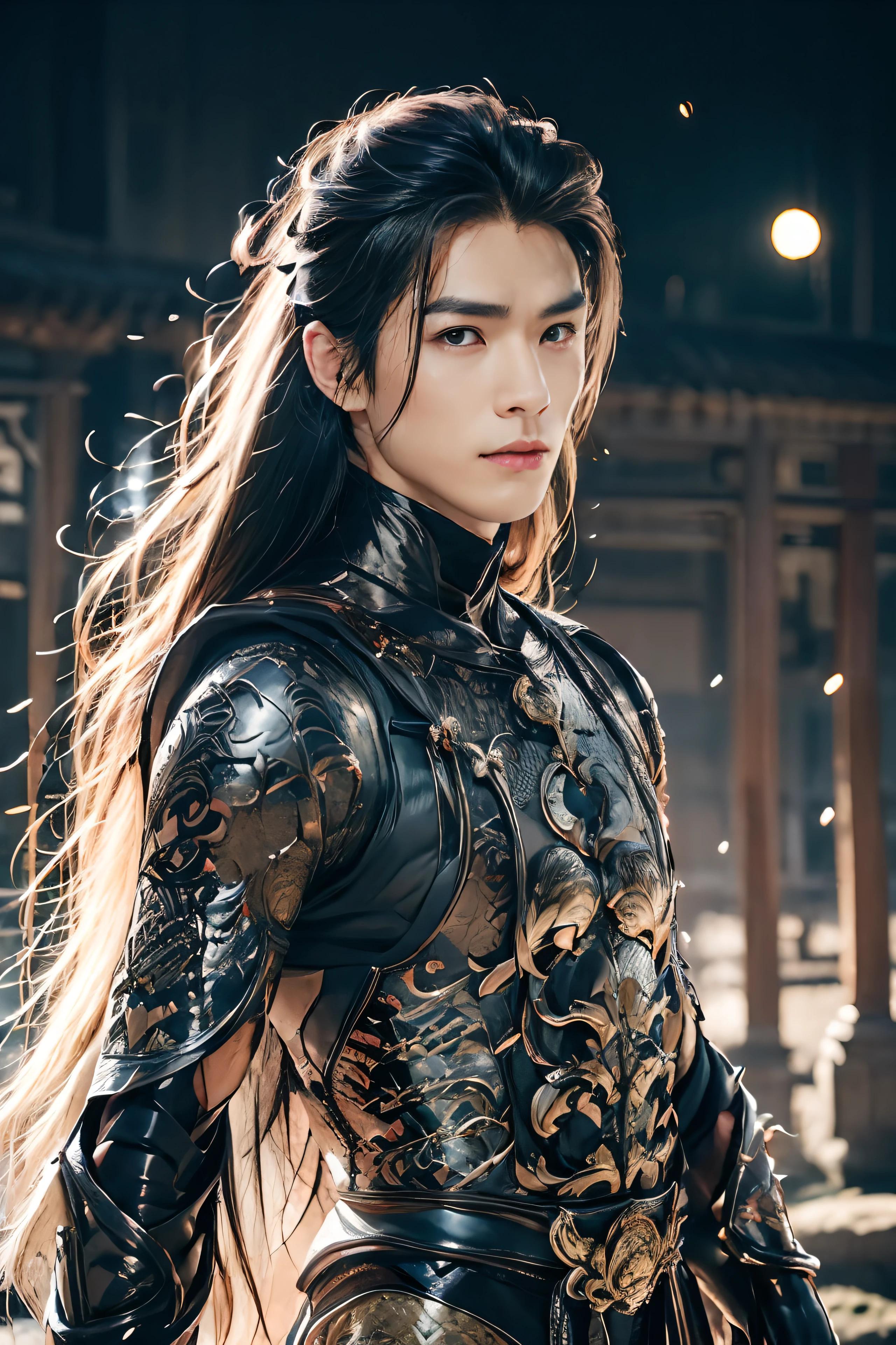 A 21-year-old Asian man，Thick eyebrows，Melon seed face，Handsome face，Men's full body ，A transparent streamer is tied to the body and flutters in the wind，The background is an ancient Chinese town，Time is night。Deep blue sky，A full moon，Lots of black lanterns，Pavilions and arch bridges，His skin is fair，He is slender,  The limbs have pronounced muscle lines，high-definition photography，Real-world scenarios，Lots of detail, wearing black long coat, black long pants, black turtleneck shirt, lightning, magic, messy long hair, battle pose, warrior, looking at viewer, devilish gaze at viewer