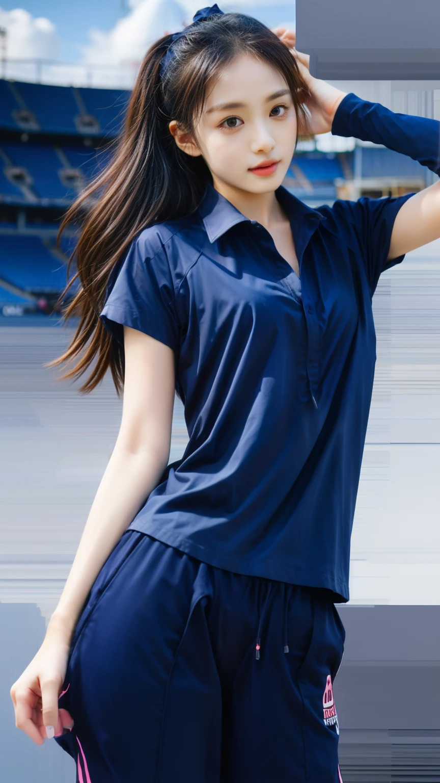 (bestquality,10,10,highres,masterpiece:1.2),ultra-detail,(Realistic,photorealistic portrait,photo-realistic:1.37),1 Cute girl in the football field,oily shiny skin,bara,light smile,BDclothes,((blue shirt:1.3)),short sleeves,shirt, trousers.,(navy_long_Pants Track:1.1), ((Stadium Background:1.3)),dynamic angle,excited,face focus,Dynamic Poses,from behide,Ass Focus,masterpiece, bestquality, ultra realistic, hyper-detail, 8k resolution, RAW photo, crisp focus, ((Navy blue shirt:1.1)), short sleeves, Long Path, Perfect body, 2 mature women, 18yo, cinematic light,Blue sweatpants,Gymware,Correct anatomy,Complete body, Correct body, sharp face, Anatomically correct body, full entire body, Realistic gestures, long-haired, Realistic poses,Wear long shorts...,Long leg span,Shapely,Sculpting Girl,mannequin mannequins, Slim