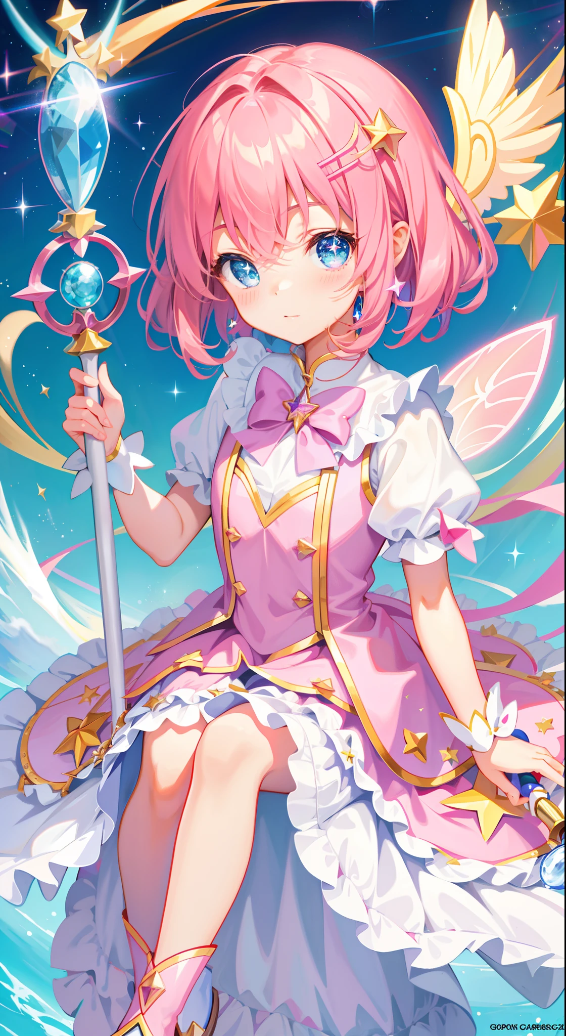 k hd，Anime girl with wand and star wand in her hand, portrait of magical girl, sparkling magical girl, magical little girl, cardcaptor sakura, pin on anime, clean and meticulous anime art, magical girl anime mahou shojo, beautiful anime art style, cute anime girl portraits, carrying a magical staff, zerochan art, lovely art style, astral fairy, Soft anime illustration