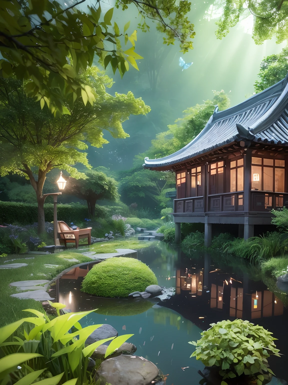 tmasterpiece,Best quality at best,Extremely beautiful reflection,The best reflections。(Very detailed CG unity 8K wallpaper),(Best quality at best),(The best illustrations),(The best shadow),Girl,silkouette,MuCoi,Delicate makeup,Quiet Jiangnan water town,Supai architecture,Beautiful roses,quiet streams,Glowing small mushrooms,surrounded by exquisite leaves and branches,There are also fireflies and glowing particle effects,,(nature elements),(Gangnam theme),(Foliage),(tree branch),(glowworm),butterflys,(exquisite leaves),(with light glowing),(Particle effect)。 , Isometric 3D, Octane rendering, Ray traching, ultra-detailliert