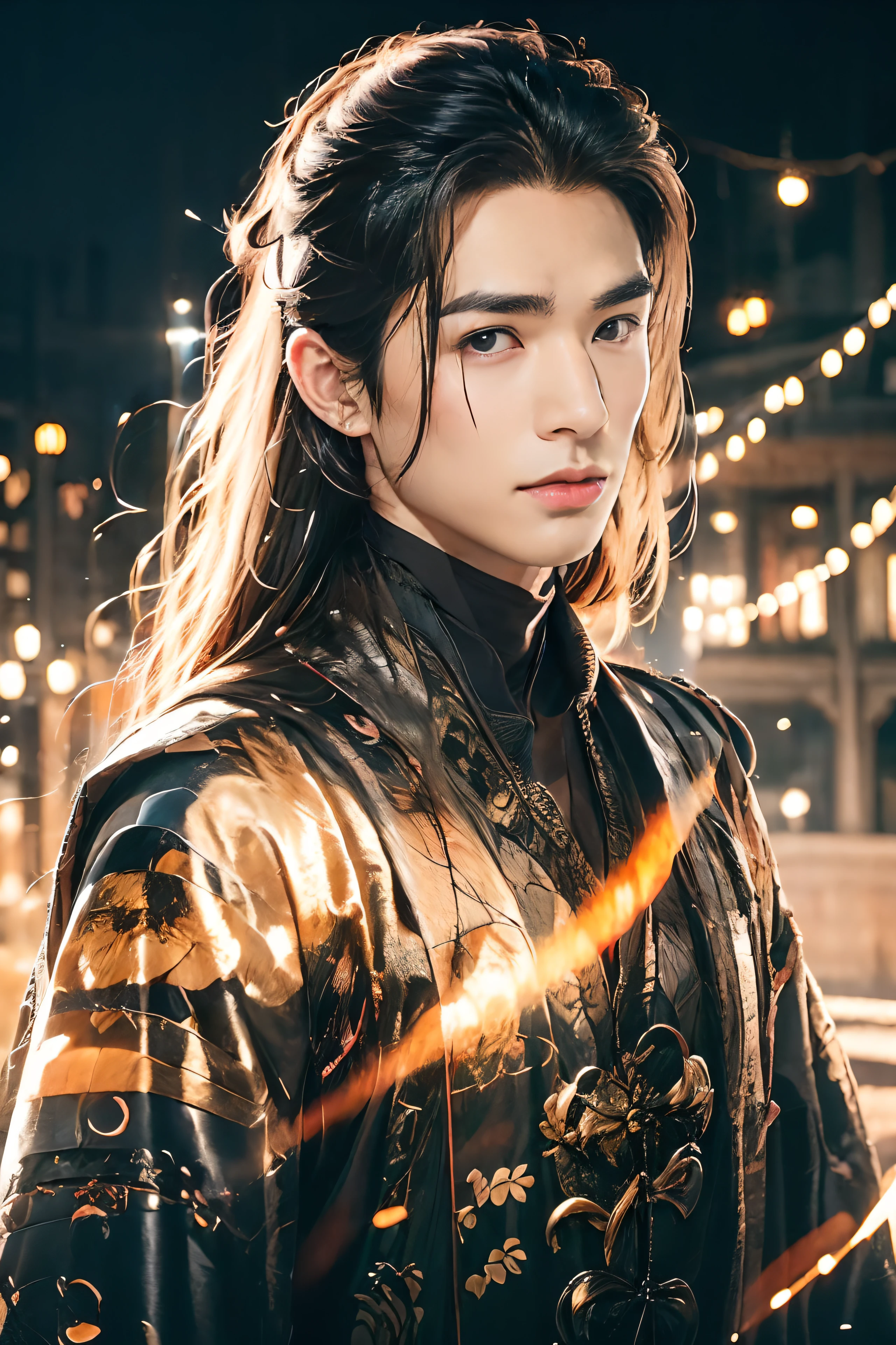 A 21-year-old Asian man,Thick eyebrows,Melon seed face,Handsome face,Men's full body ,A transparent streamer is tied to the body and flutters in the wind,The background is an ancient Chinese town,Time is night。Deep blue sky,A full moon,Lots of black lanterns,Pavilions and arch bridges,His skin is fair,He is slender, The limbs have pronounced muscle lines,high-definition photography,Real-world scenarios,Lots of detail, wearing black long coat, black long pants, black turtleneck shirt, lightning, magic, messy long hair, battle pose, warrior, looking at viewer, devilish gaze at viewer