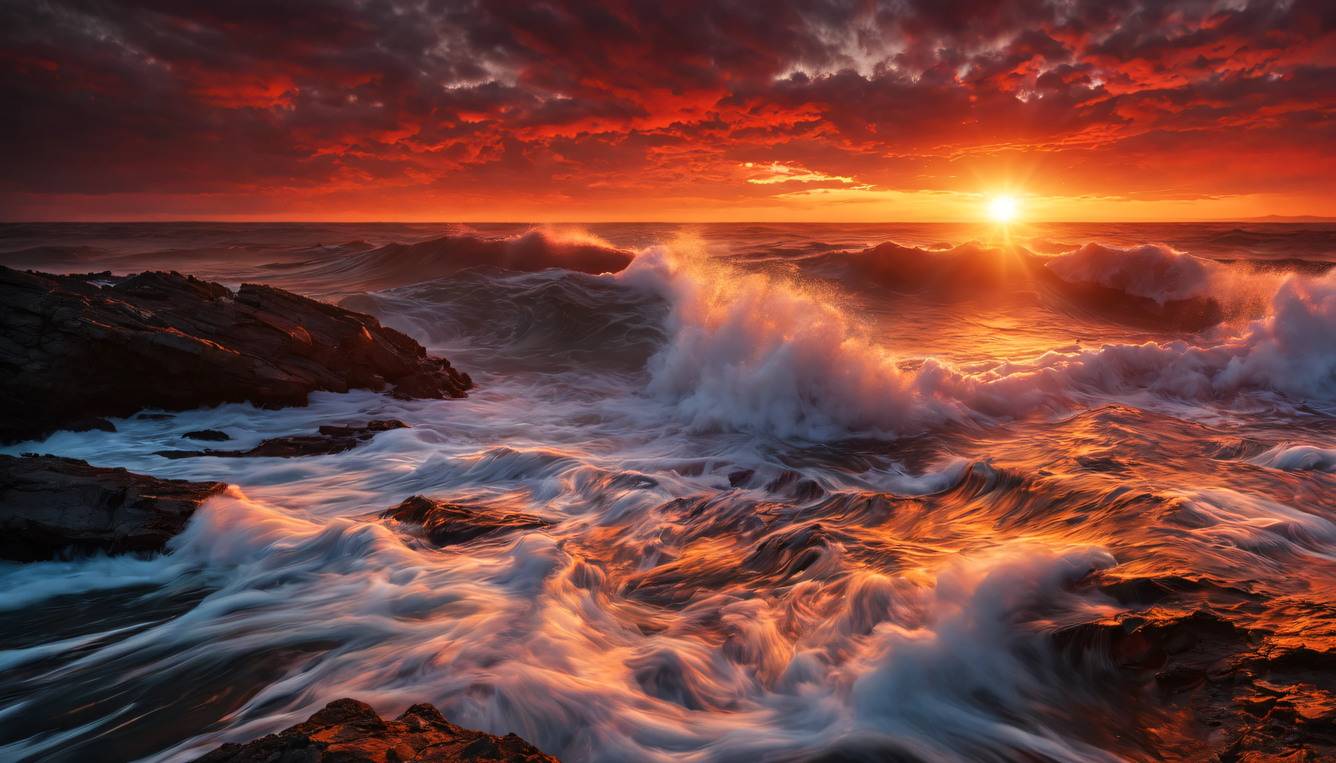 arafed view of a sunset over the ocean with waves crashing, chaotic sea setting, marc adamus, breathtaking look, epic sunset, dramatic reddish light, epic sunrise, vibrant sunrise, sunset glow, soft glow, vibrant sunset, breathtaking composition, jaw dropping beauty, by Alexander Robertson, red horizon, dramatic sunrise, breathtaking colors, dramatic sunset, seascape, red sunset