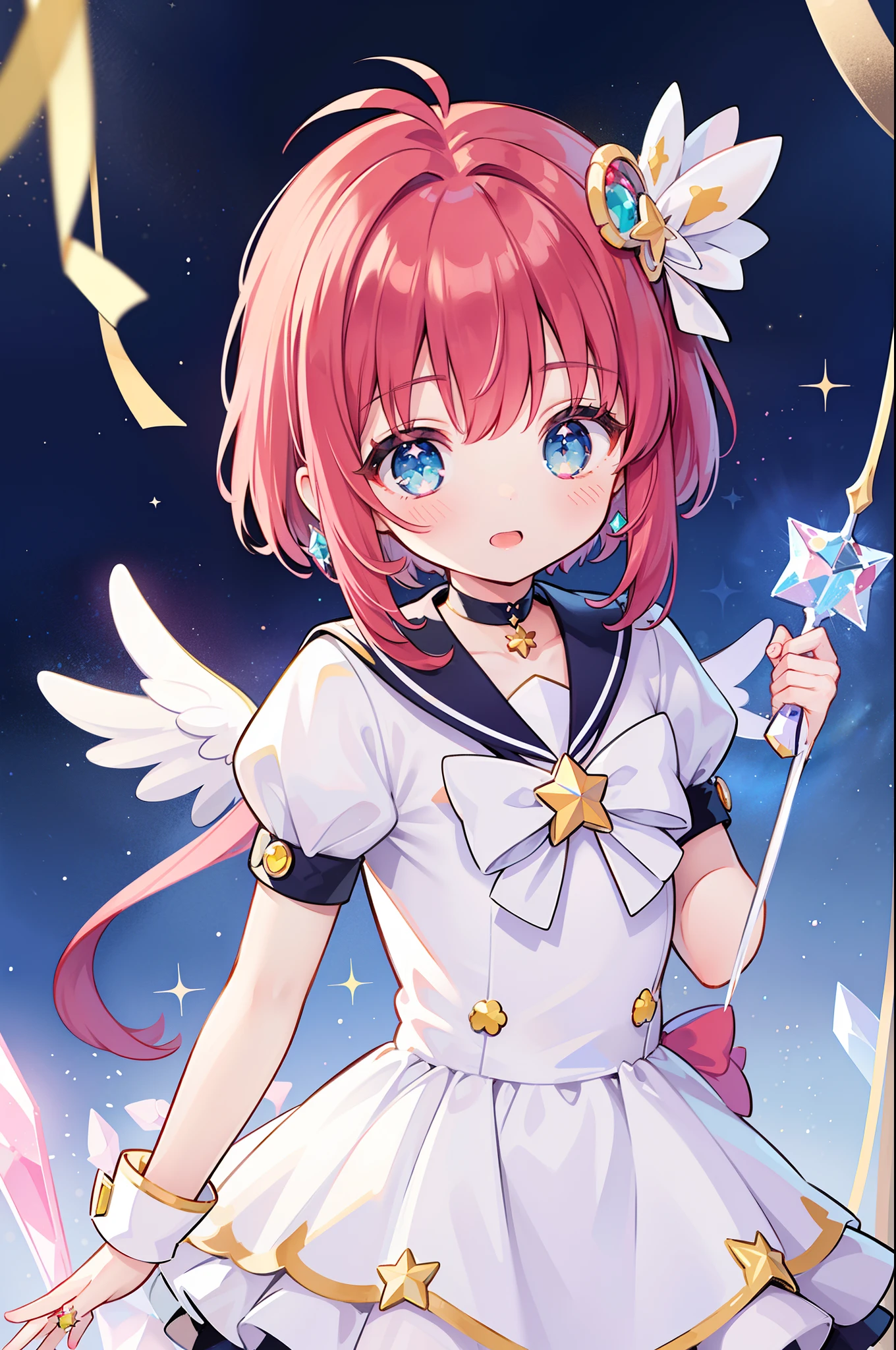 masterpiece, best quality, 1girl, ((magical girl holding a glowing crystal star)), detailed magical girl costume, pretty cure, star guardian, Cardcaptor sakura, puella magi madoka magica, sailor moon, colorful gems, crystals, sparkling, bright colors