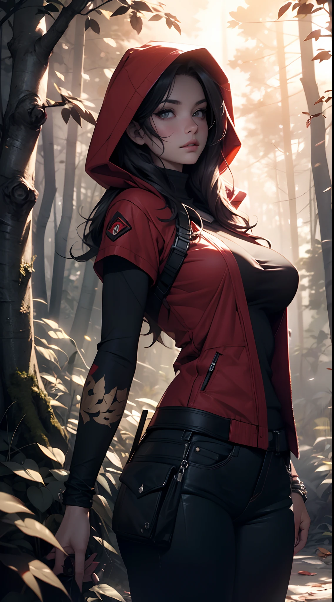 create a full body valorant game style art image, dark-skinned, indigenous traits, with straight short black hair, bangs and red highlights, light brown slanted eyes, with a feather earring and a wetsuit-like outfit and a black and red jacket with feathers, holding a bow with red LED and carved wood details