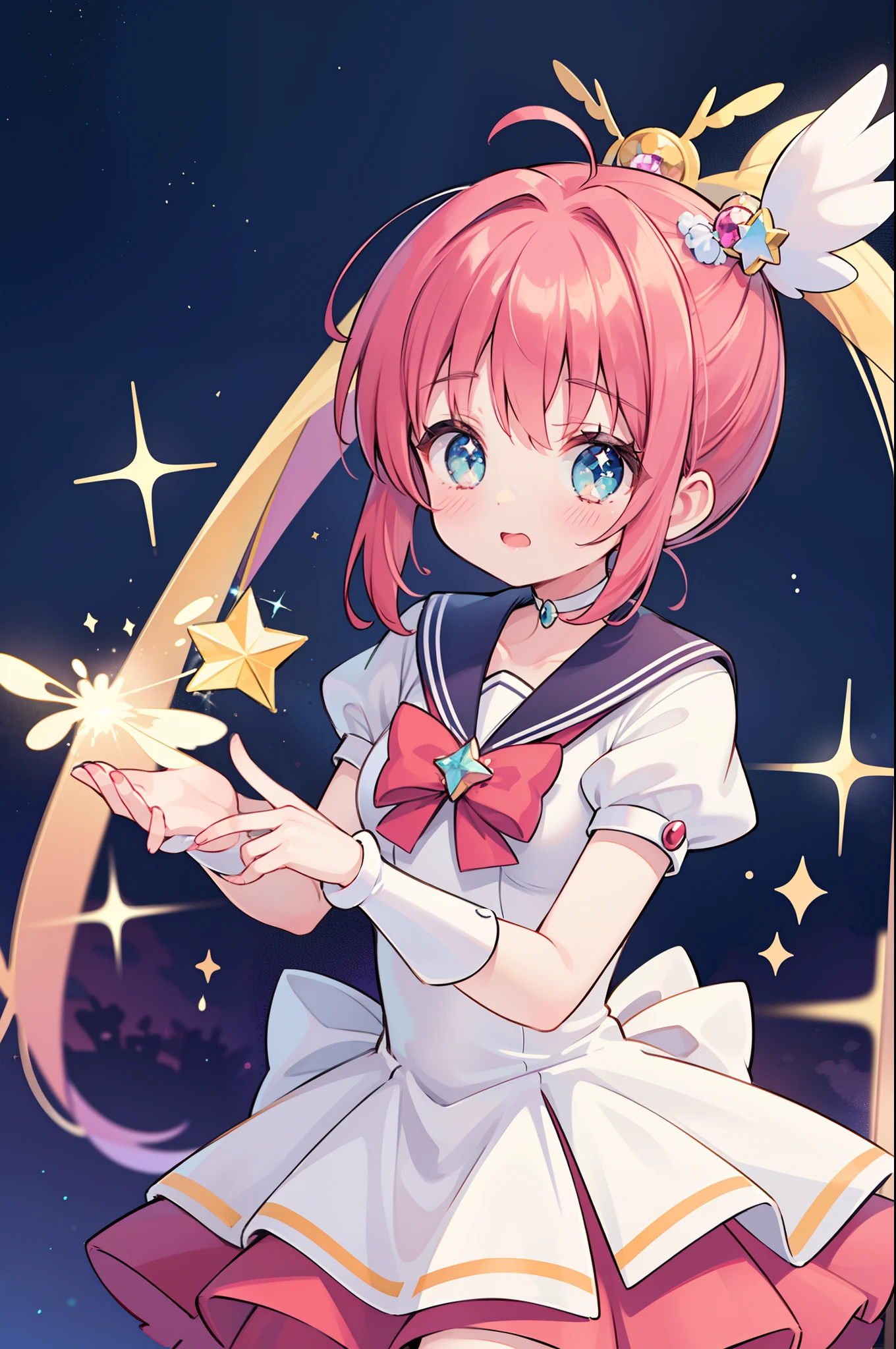 masterpiece, best quality, 1girl, magical girl, detailed magical girl costume, pretty cure, star guardian, Cardcaptor sakura, puella magi madoka magica, sailor moon, colorful gems, crystals, sparkling, bright colors
