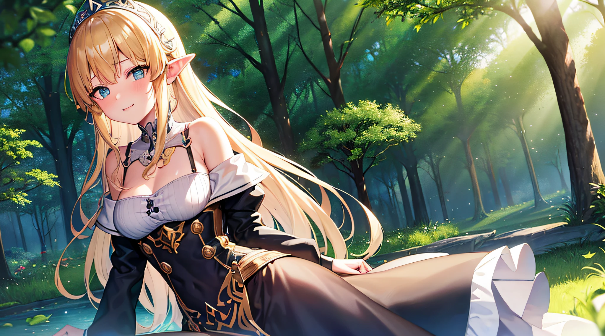 Meisterwerk, best quality, Illustration, bunt, Landschaft, Hirngespinst, Wald, 1girl, Girly, Gesichtsfokus, runny, nackte Schultern, collarbone, detailliertes goldenes langes Haar, green eyes, spitze Ohren, Holy Smile , Kranz, whitedress, Heiliges Licht, Wald, Sea of Trees, Blumen, auf dem Boden sitzen, Prinzessin Zelda, Blond, blaue Augen, Legende von Zelda, elf, Dienstmagd