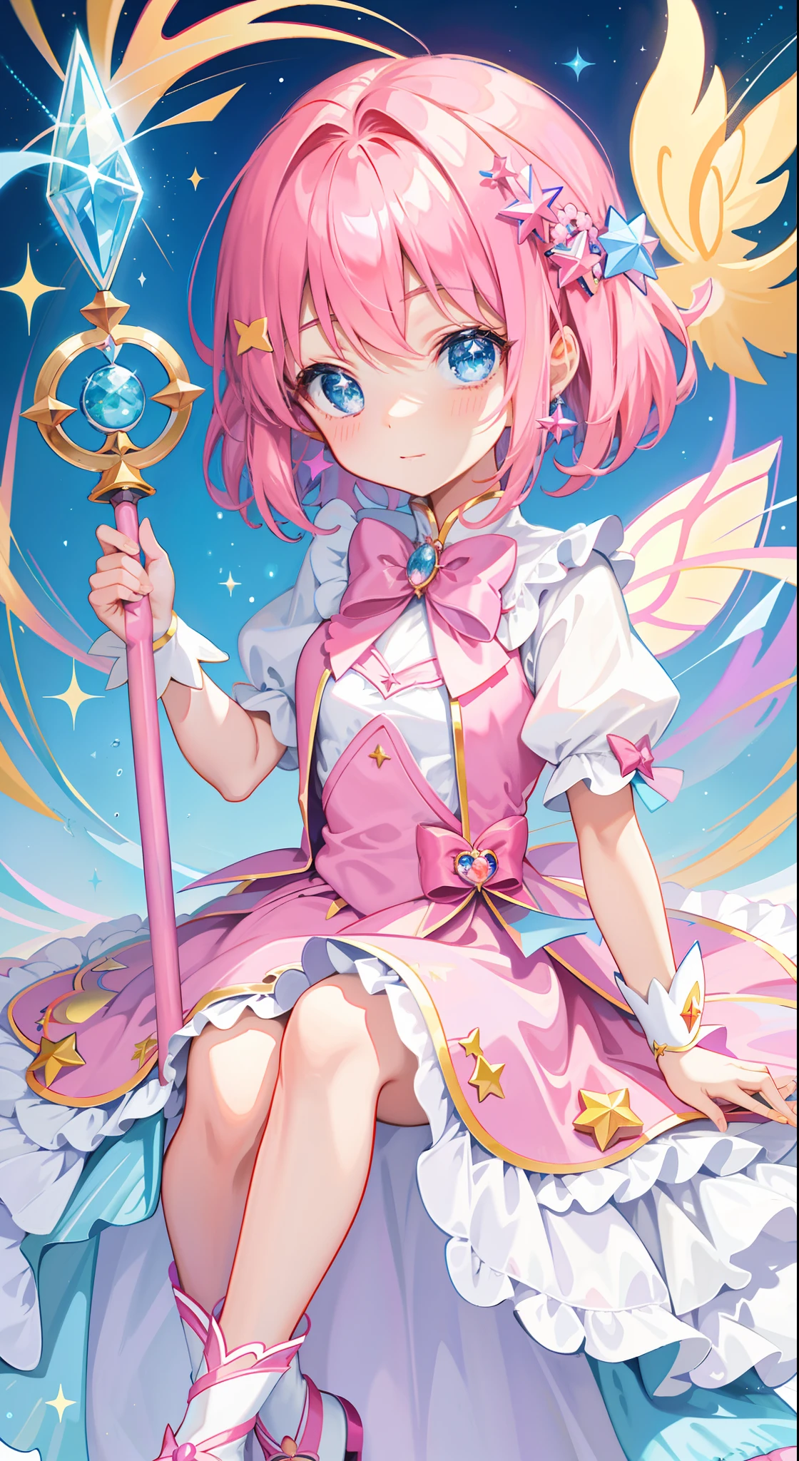 k hd，Anime girl with wand and star wand in her hand, portrait of magical girl, sparkling magical girl, magical  girl, cardcaptor sakura, pin on anime, clean and meticulous anime art, magical girl anime mahou shojo, beautiful anime art style, cute anime girl portraits, carrying a magical staff, zerochan art, lovely art style, astral fairy, Soft anime illustration