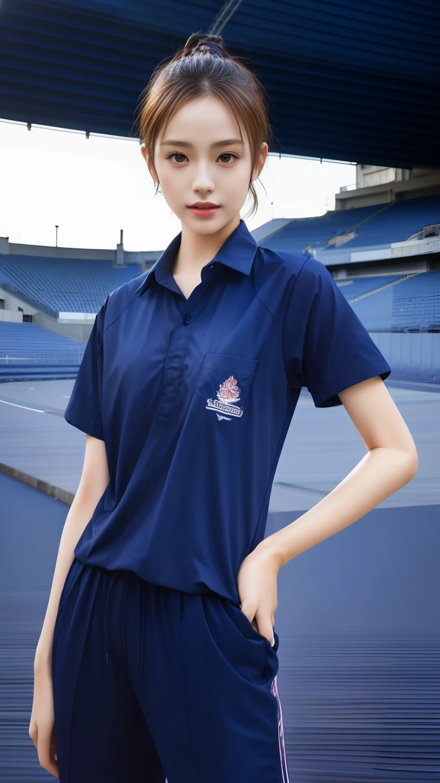 (bestquality,10,10,highres,masterpiece:1.2),ultra-detail,(Realistic,photorealistic portrait,photo-realistic:1.37),1 Cute girl in the football field,oily shiny skin,bara,light smile,BDclothes,((blue shirt:1.3)),short sleeves,shirt, trousers.,(navy_long_Pants Track:1.1), ((Stadium Background:1.3)),dynamic angle,excited,face focus,Dynamic Poses,from behide,Ass Focus,masterpiece, bestquality, ultra realistic, hyper-detail, 8k resolution, RAW photo, crisp focus, ((Navy blue shirt:1.1)), short sleeves, Long Path, Perfect body, 2 mature women, 18yo, cinematic light,Blue sweatpants,Gymware,Correct anatomy,Complete body, Correct body, sharp face, Anatomically correct body, full entire body, Realistic gestures, long-haired, Realistic poses,Wear long shorts...,Long leg span,Shapely,Sculpting Girl,mannequin mannequins, Slim