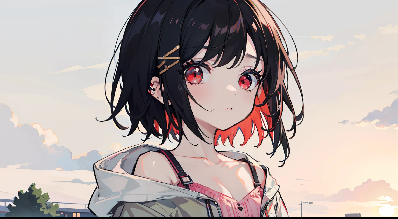 Short hair, Black hair, Flat chest, 1girll, Red eyes,teens girl,hair pin,Solo, A high resolution,(Plain clothe),En plein air