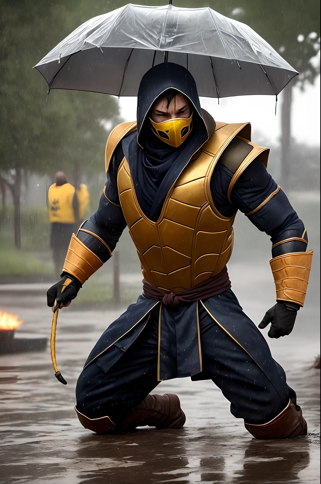 Scorpion from mortal kombat sitting in the rain while sad