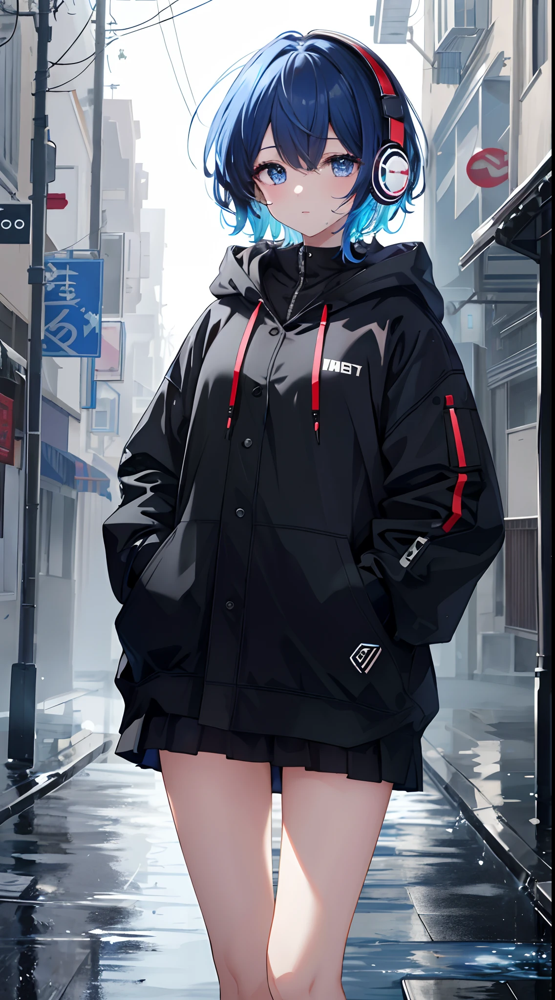 8K resolution、((superior quality))、((masterpiece))、((ultra-detailed))、1 woman、solo、Incredible nonsense、Big hoods、headphones、Street、Outdoor、Rain、 Neons、shortcut hair、Colored eyes、hands in pockets、a miniskirt、water dripping