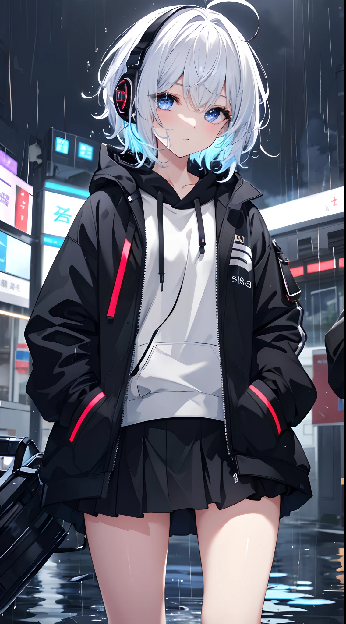 8K resolution、((superior quality))、((masterpiece))、((ultra-detailed))、1 woman、solo、Incredible nonsense、Big hoods、headphones、Street、Outdoor、Rain、 Neons、shortcut hair、Colored eyes、hands in pockets、a miniskirt、water dripping